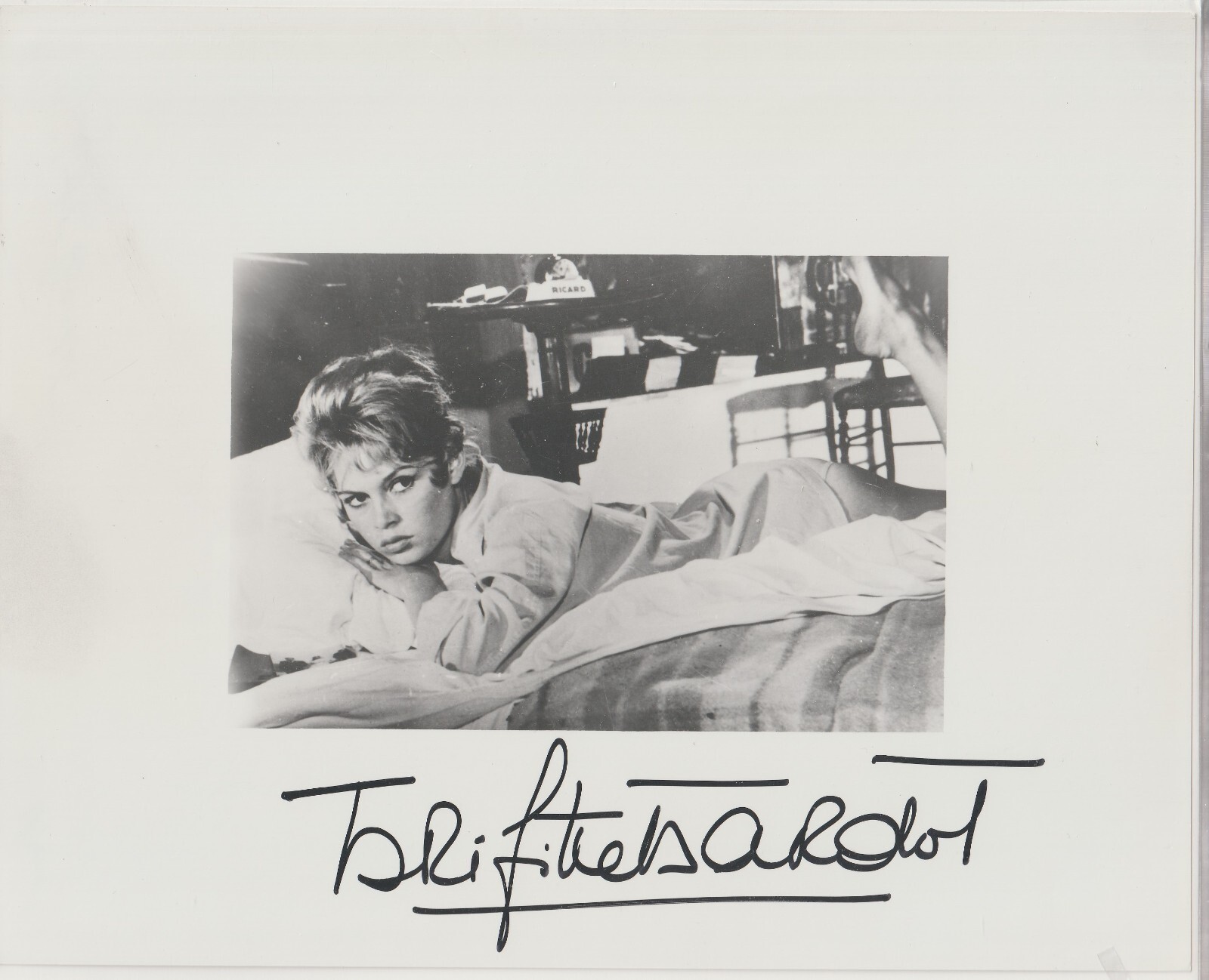 Brigette Bardot, Actress. Sexy Bedroom Scene, Signed , 8 x 10 Photograph. w/COA
