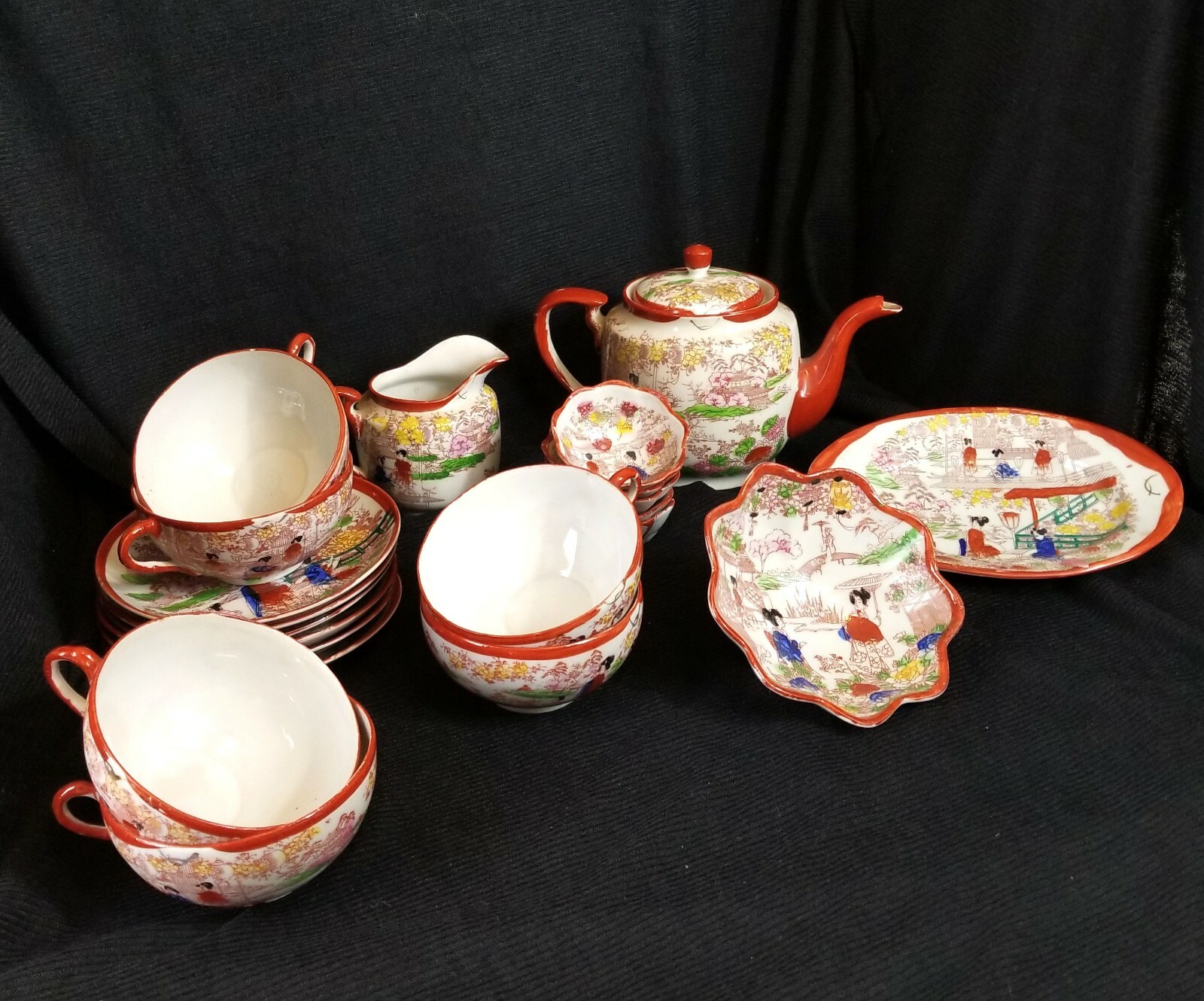  Vintage Japanese Clobber Painted Geisha Girl Porcelain Tea set for 6