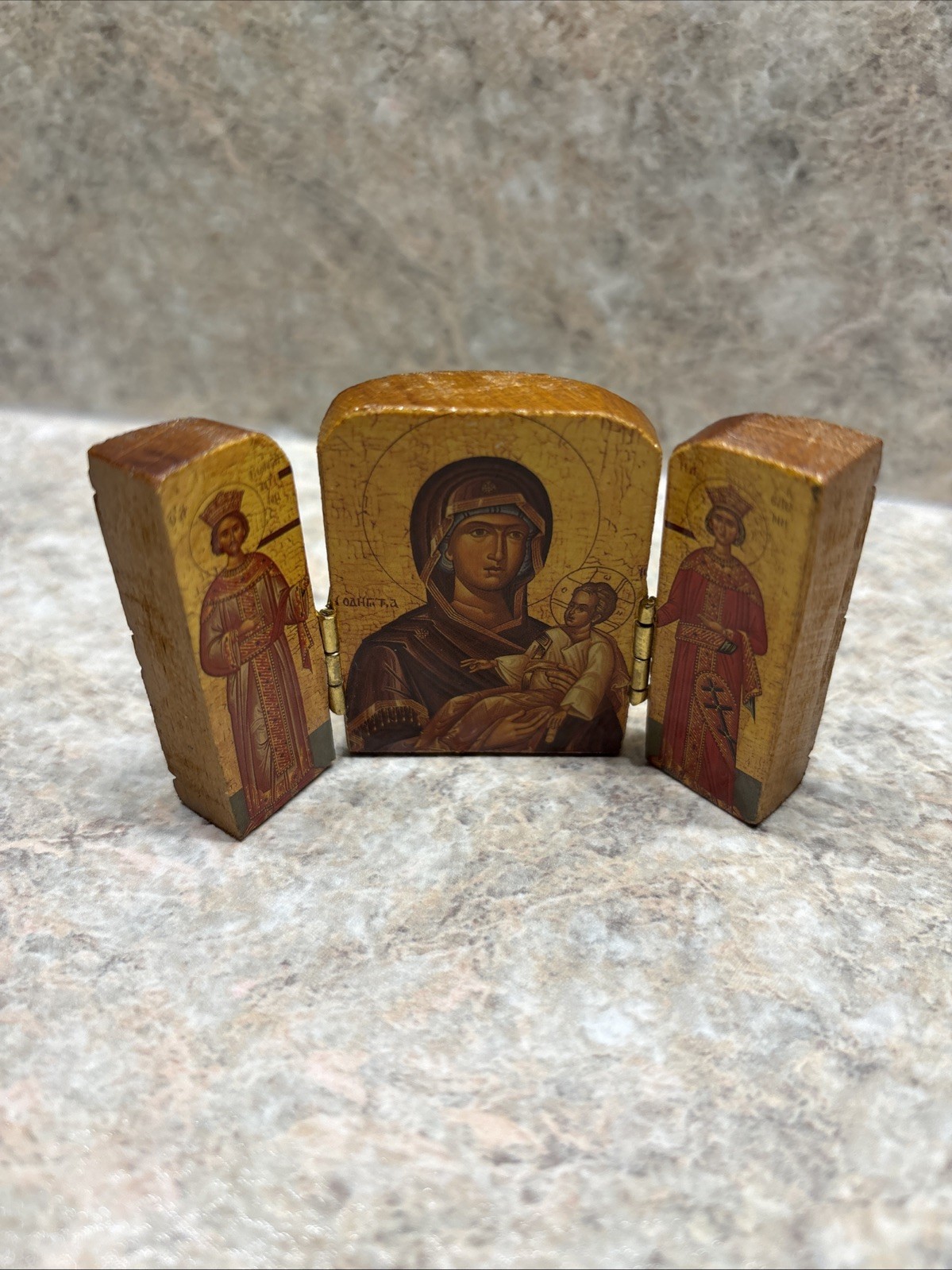 Vintage Triptych Wood Eastern Orthodox Mary Jesus Archangels Altar Icon