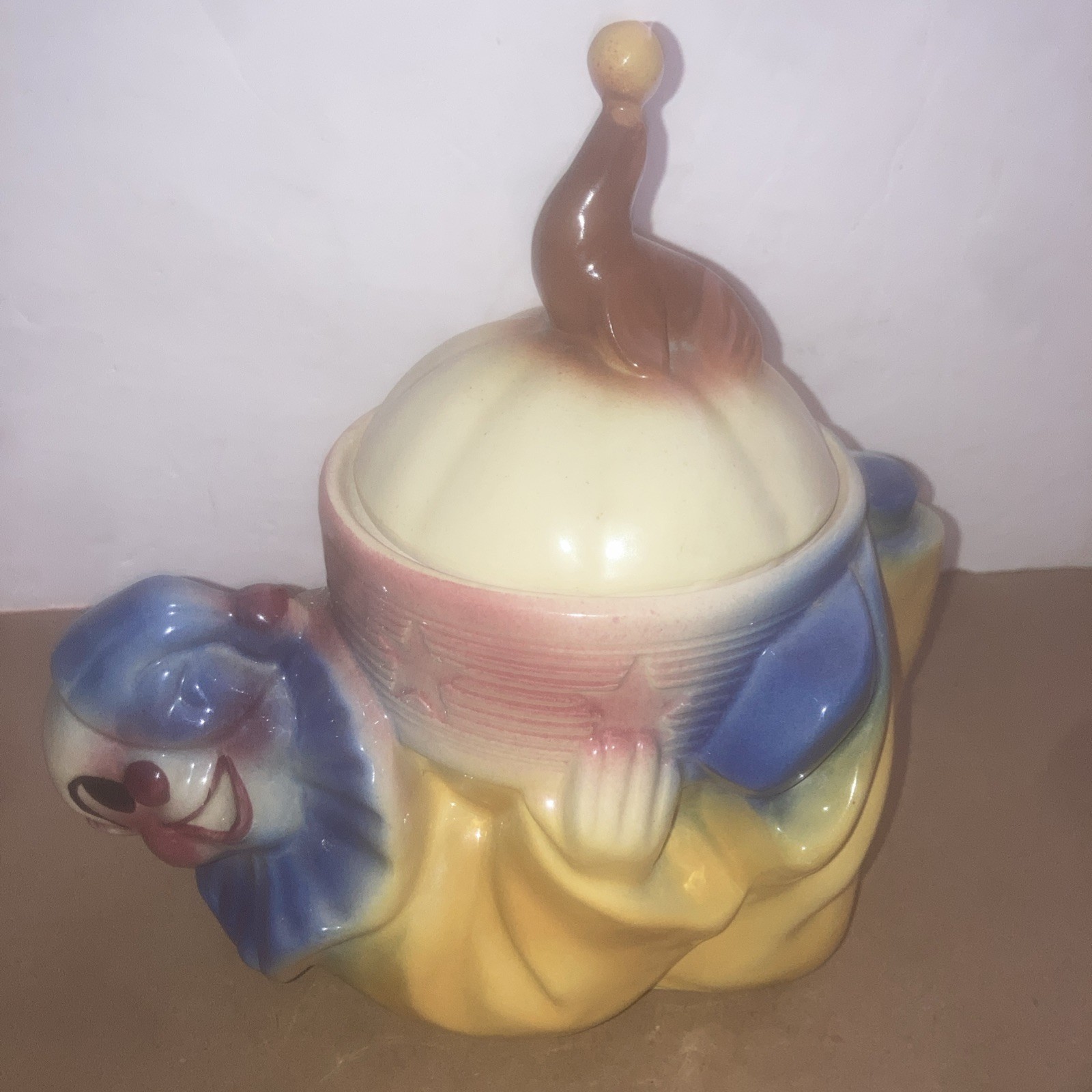 Shawnee Pottery JoJo the Clown Ceramic Cookie Jar w Circus Seal Lid USA 1940s Shawnee Pottery JoJo the Clown Ceramic Cookie Jar w Circus Seal Lid USA 1940s