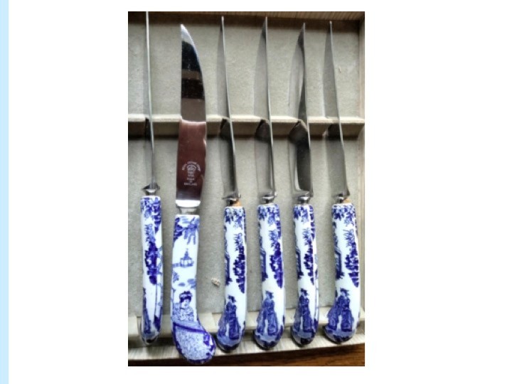 Six Knives, Royal Crown Derby, 1905, Stainless Steel, Painted Porcelain Handle