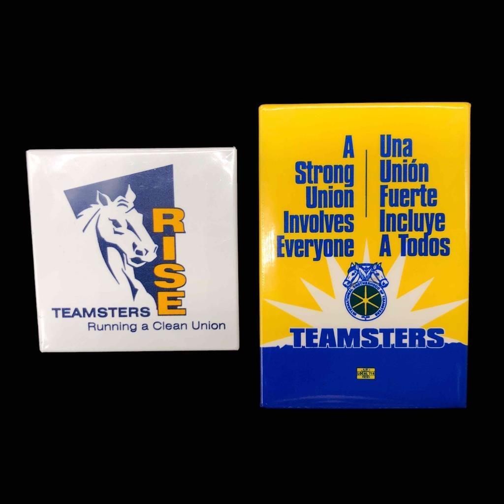 Vintage Pair of National Teamsters Promo Pins Buttons Strong & Clean Union RISE