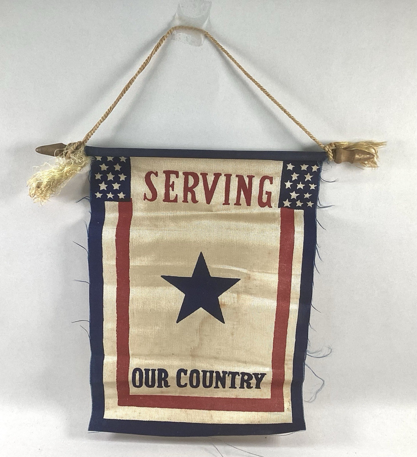 WWII Serving Our Country Flag Banner Worn Frayed Stained Approx 8”x6”