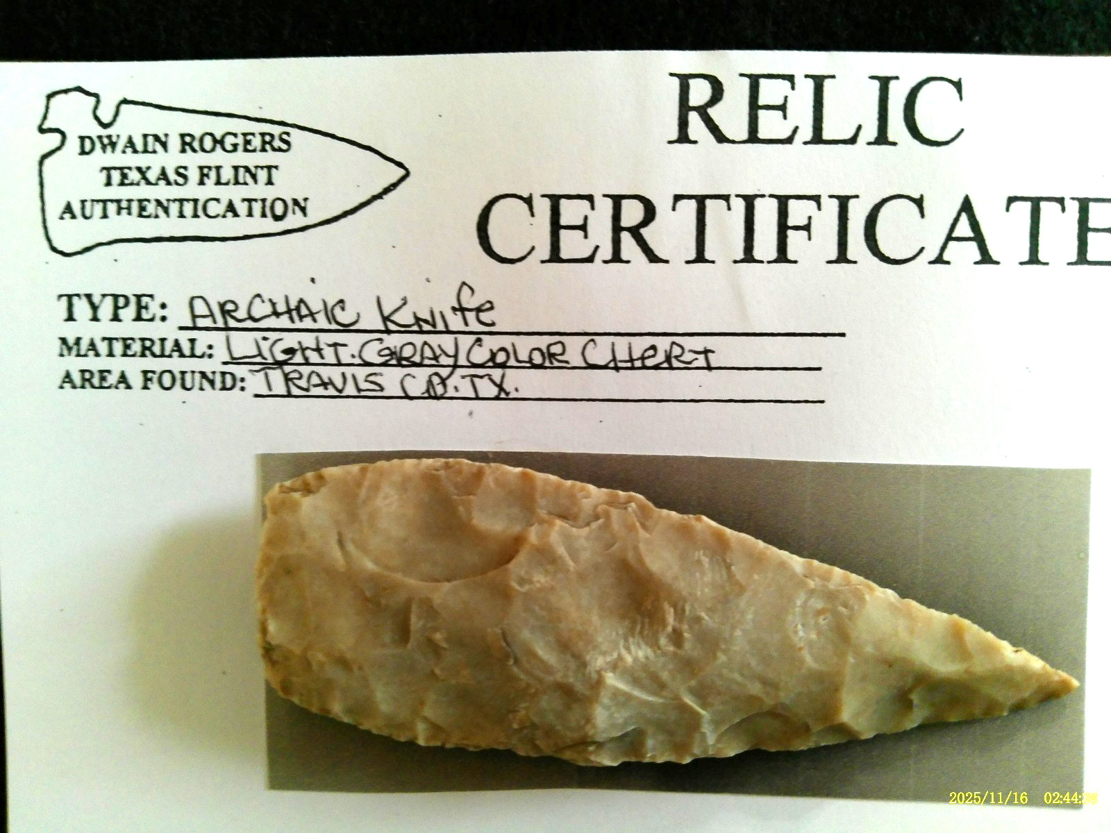 Papered Central Texas Knife Arrowhead, Prehistoric Artifact *FREE SHIPPING* P11