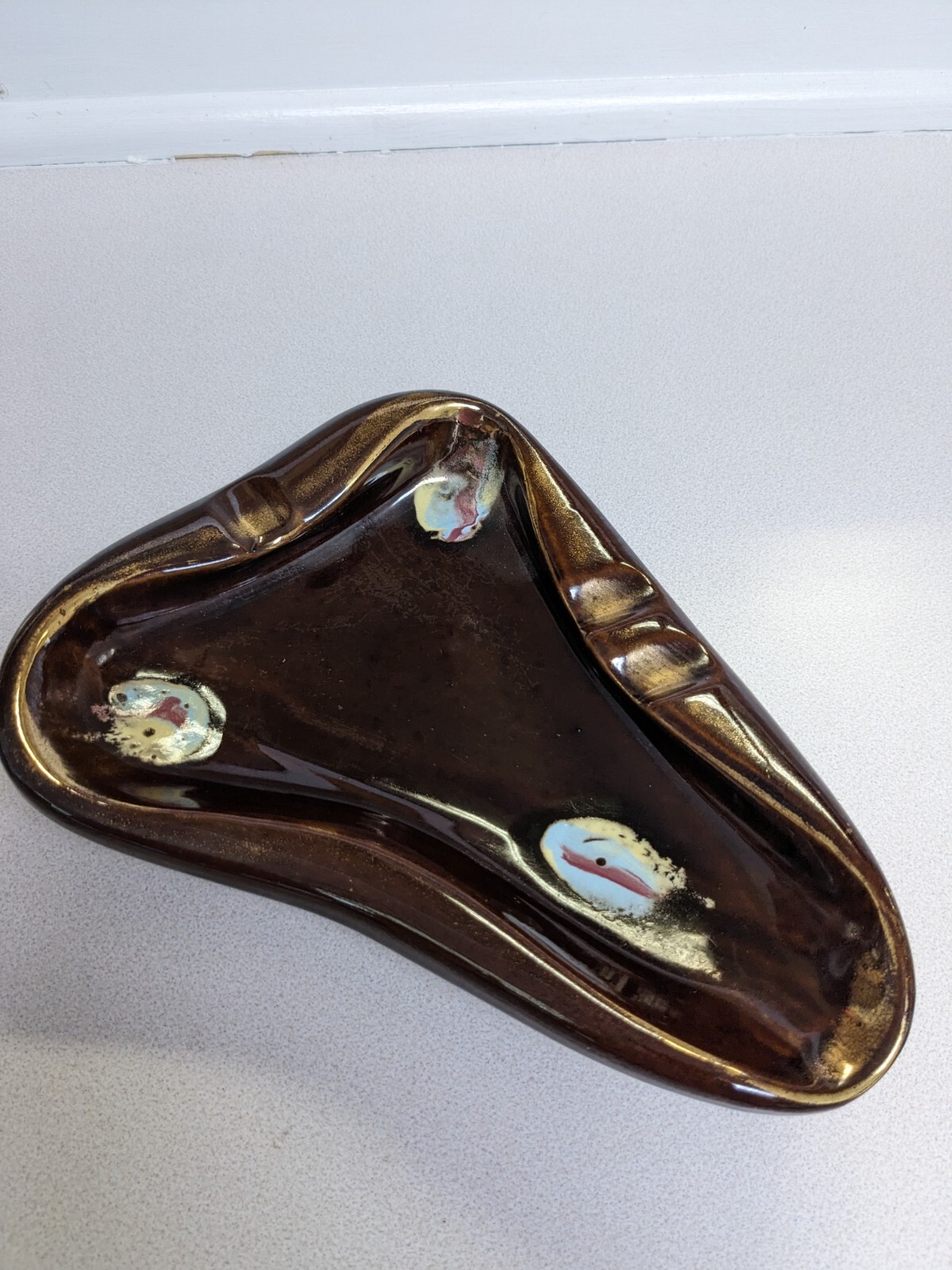 Vintage Mid Century Modern Ceramic Ash Tray  Brown Drip Glaze Gold Trim Japan 