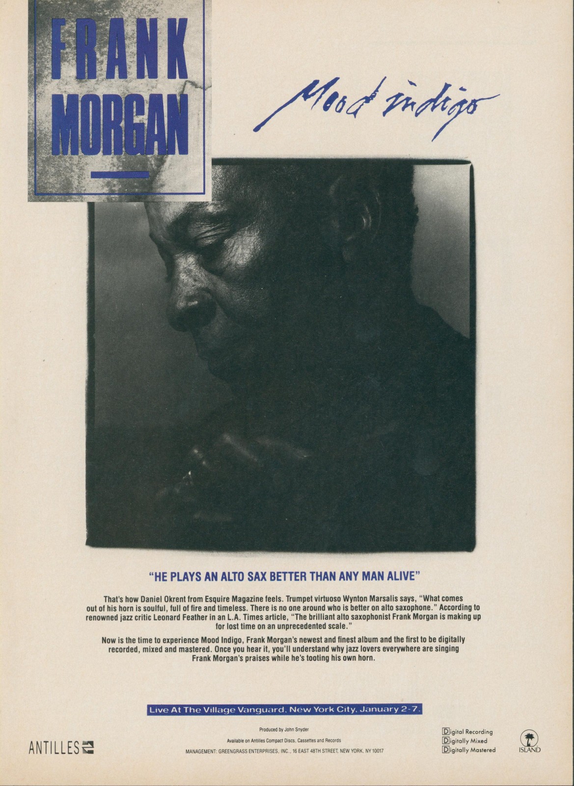 1989 Frank Morgan Mood Indigo Album Alto Sax Jazz Village Vanguard NYC Ad DB1