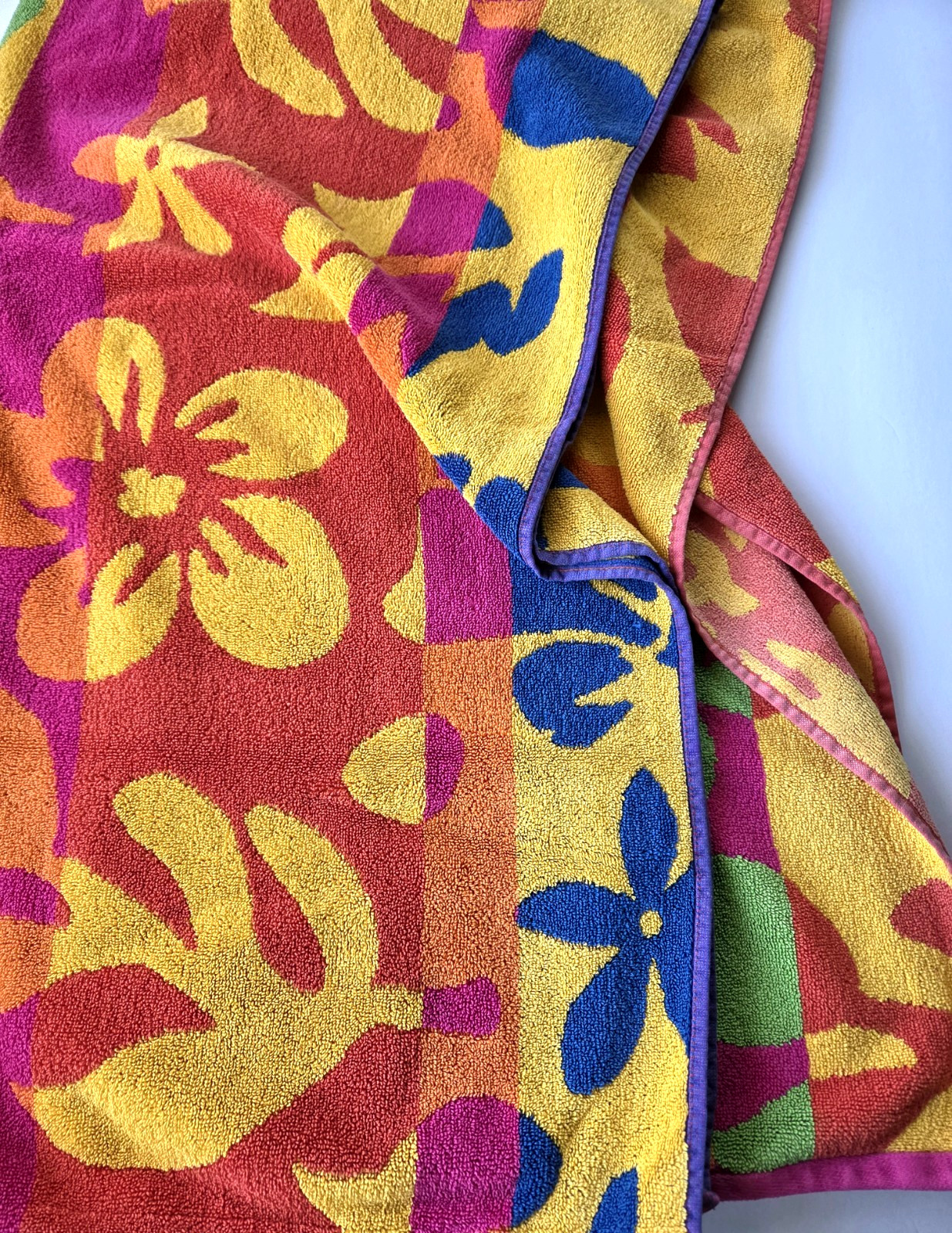 Vintage Cecil Saydah 90s Neon Floral Reversible Beach Towel 33x62 Cotton India