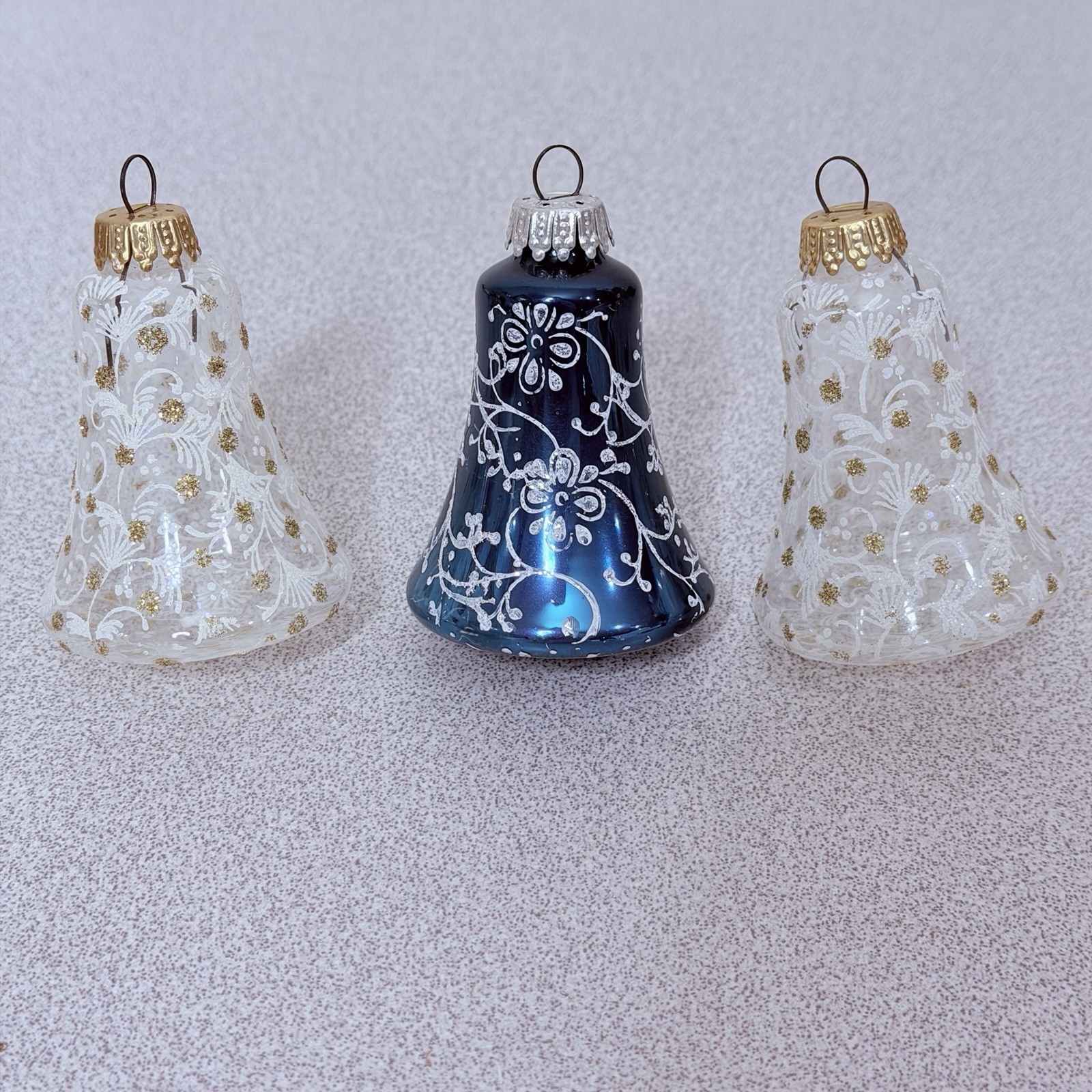 Vtg Krebs West Germany Glass Bell Clear Cobalt Blue Christmas Ornaments Lot Of 3