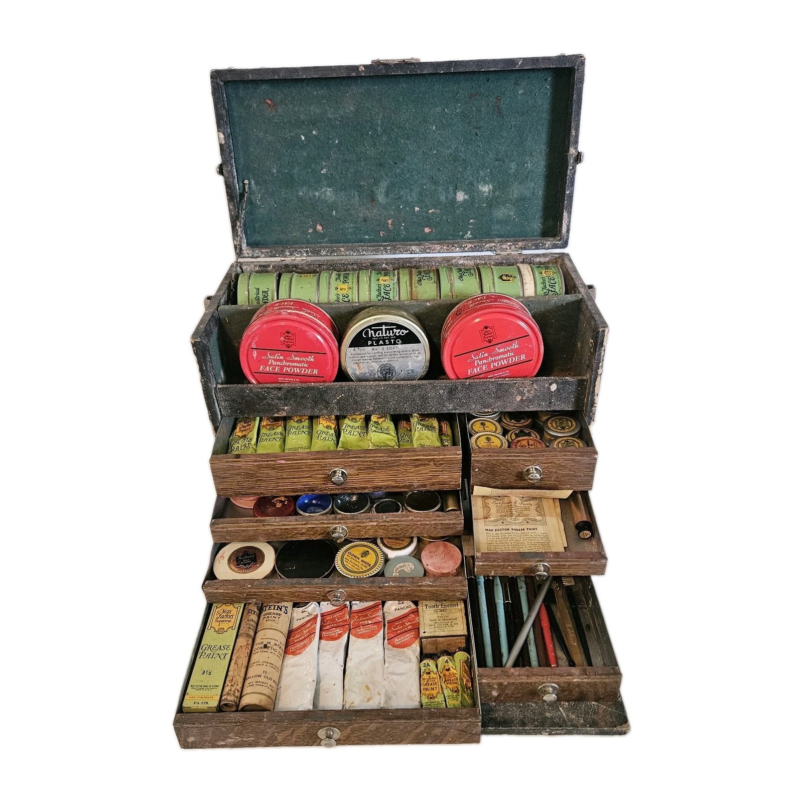 VTG Max Factor Hollywood Theatrical Makeup Artist Kit 100+ RARE Machinist Box