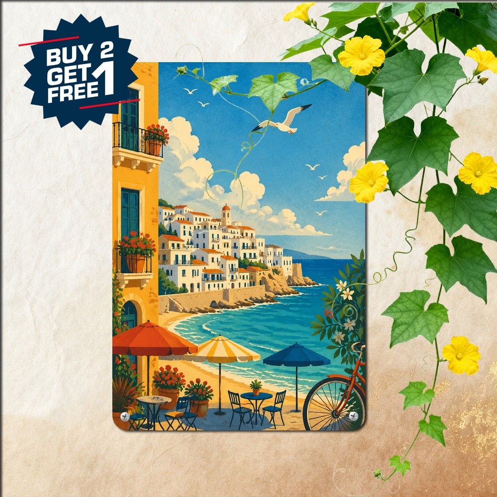 Mediterranean White Buildings Turquoise Sea Coastal Town Illustration Tin Sign