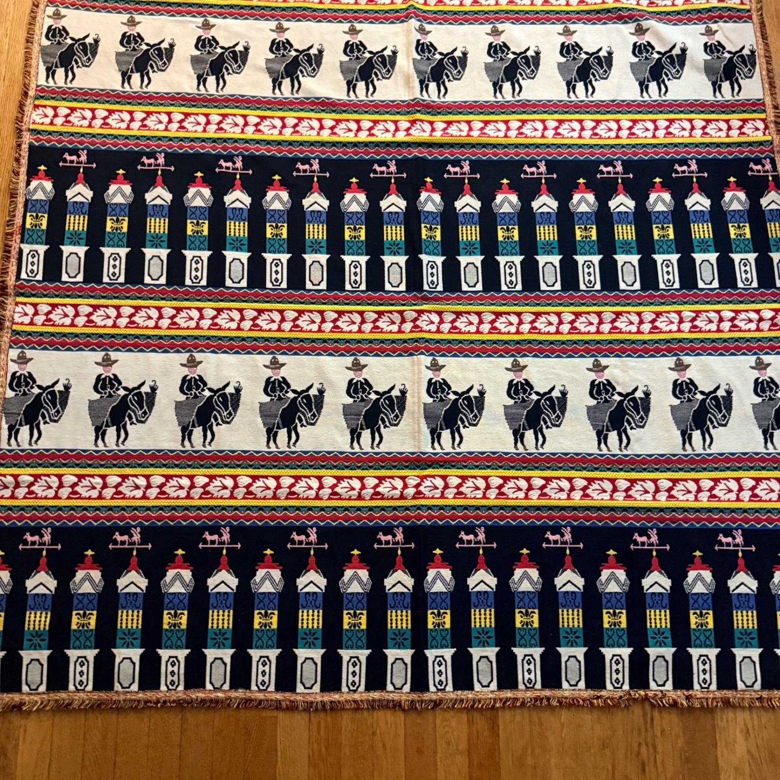 Vintage Mexican Mariachi Vaquero Woven Tapestry Blanket 62x66 Folk Art