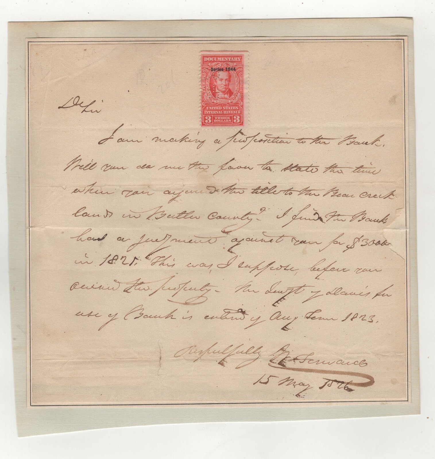 1823 Letter of Congressman and Future Secretary of the Treasury Walter Forward
