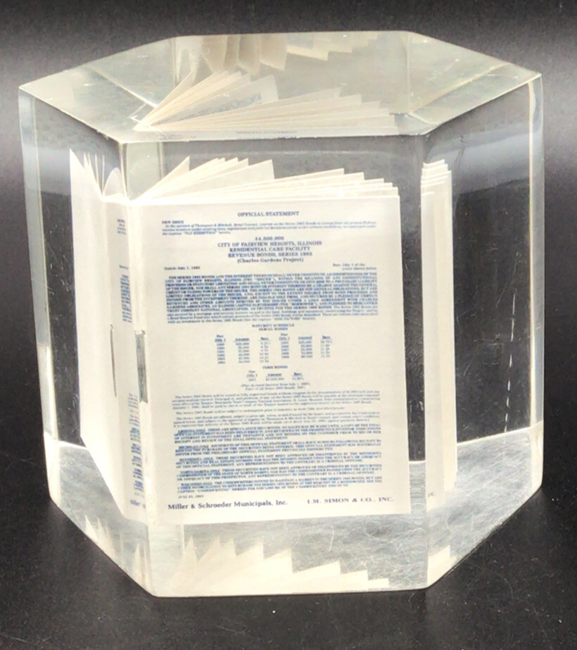 Vintage Fairview Illinois Charles Gardens Project Paperweight Revenue Bond 1985 