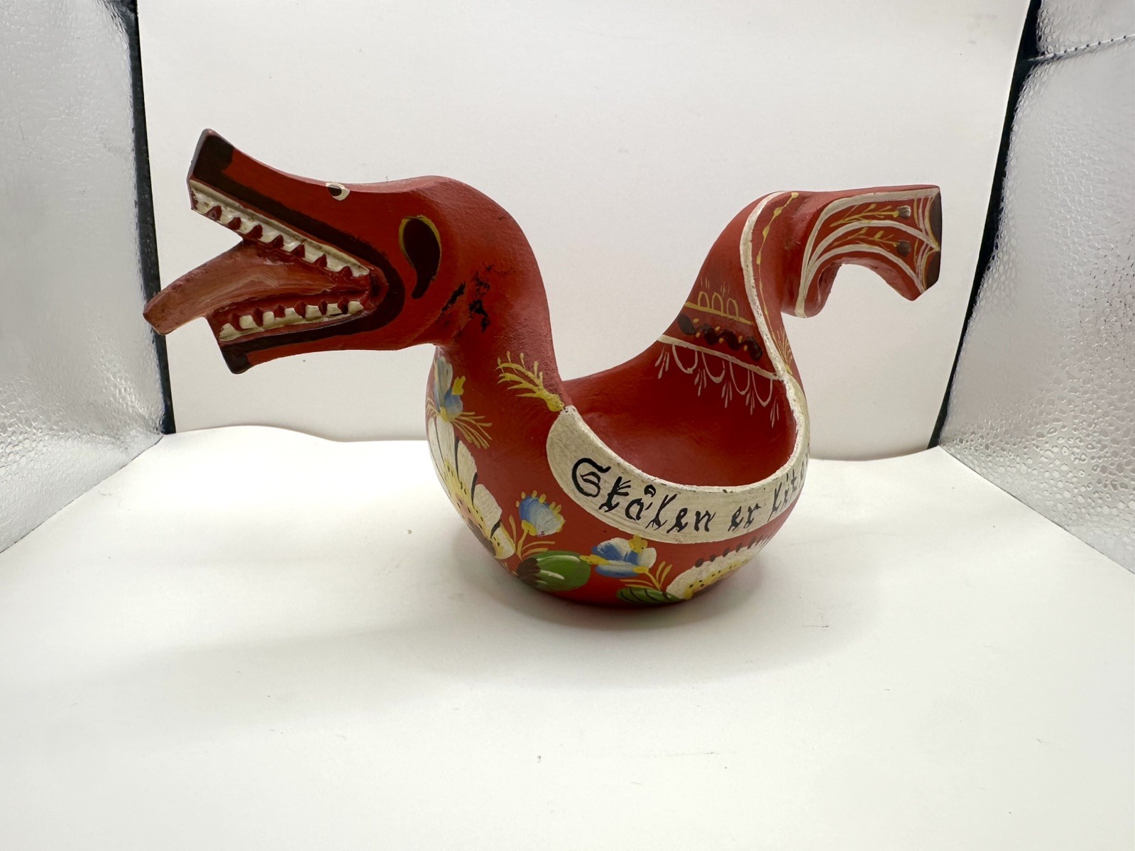 Antique Red Norwegian Wood Rosmaling Dragon-Style Kjenge, or Ale Bowl