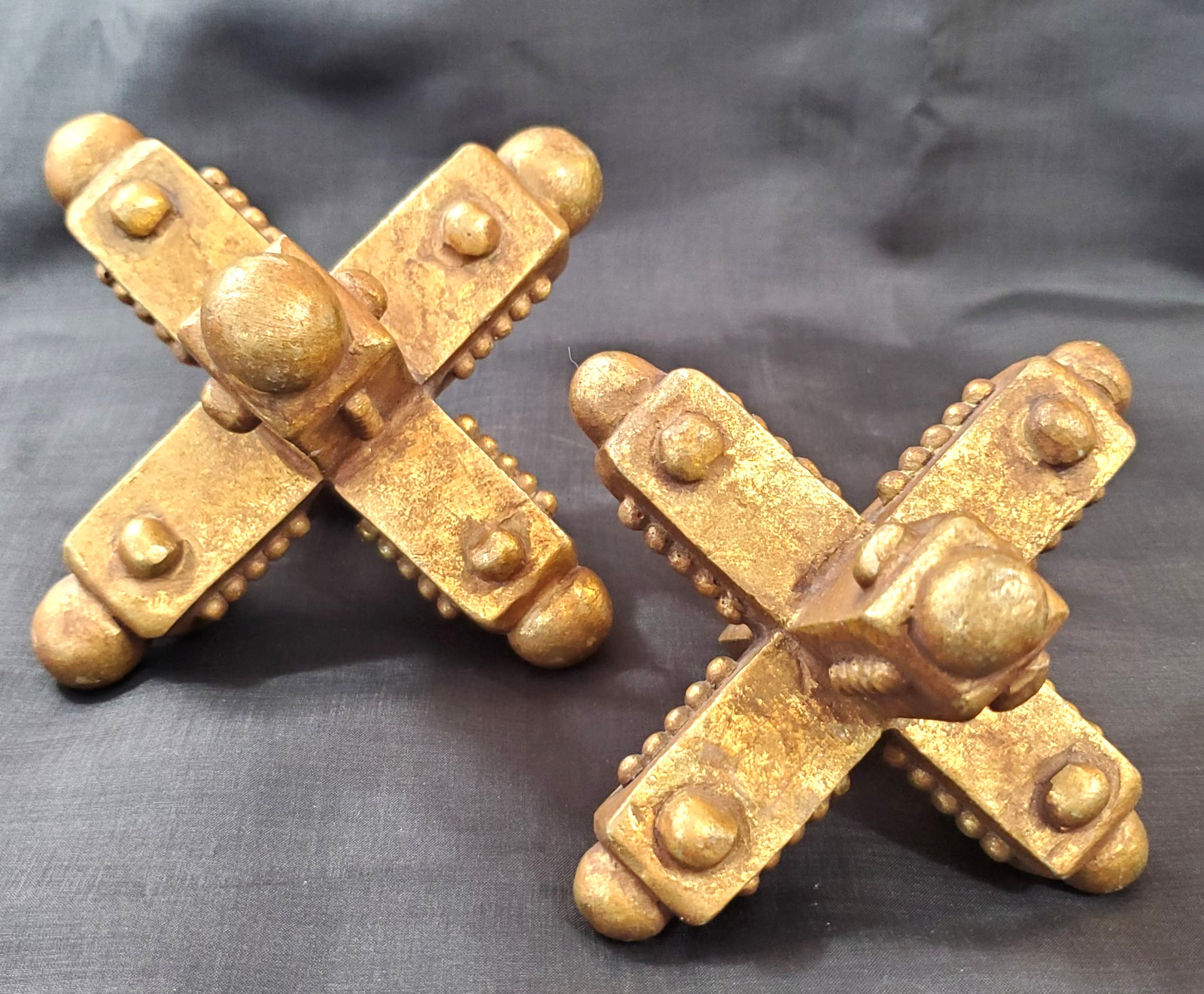 VTG  Set of 2 Gold Jacks Toy Shaped Large Distressed Decorative Paperweights