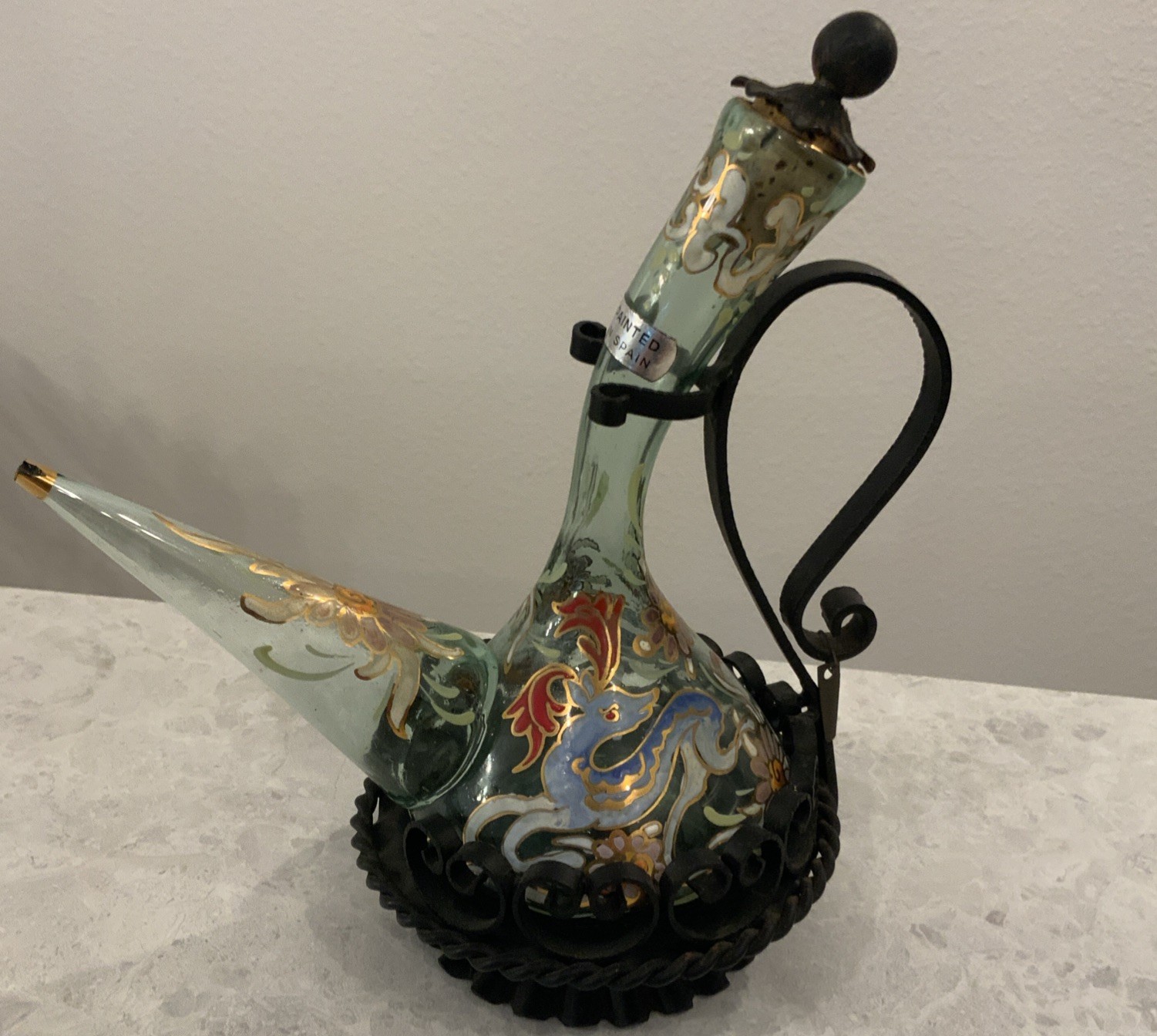 Vintage Signed Jose Cire Royo Spanish Art Glass Porron Decanter Wrought Iron Set