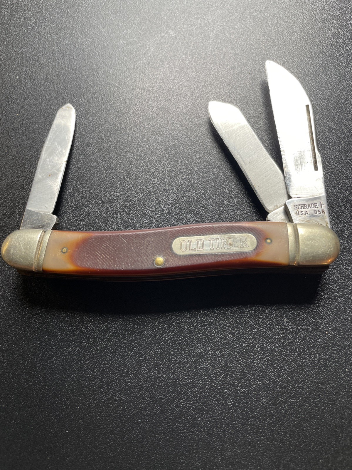 Schrade Walden Old Timer 4.5 Inch 3 Blade Pocket Knife USA Vintage # 858 Schrade Walden Old Timer 4.5 Inch 3 Blade Pocket Knife USA Vintage # 858