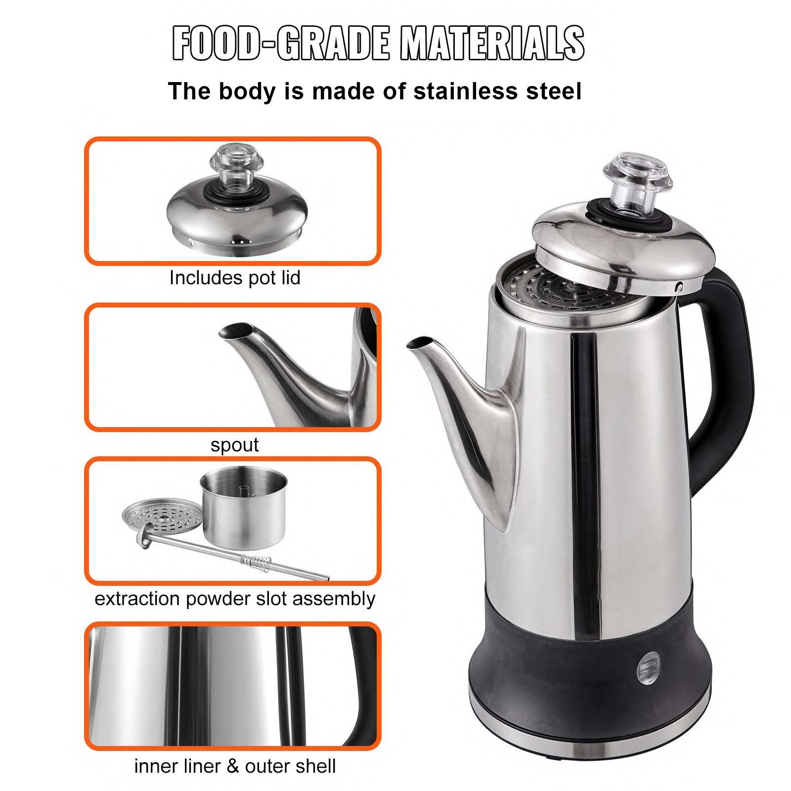 12-Cup Electric 304 Stainless Steel Percolator Coffee Keep Warm Function