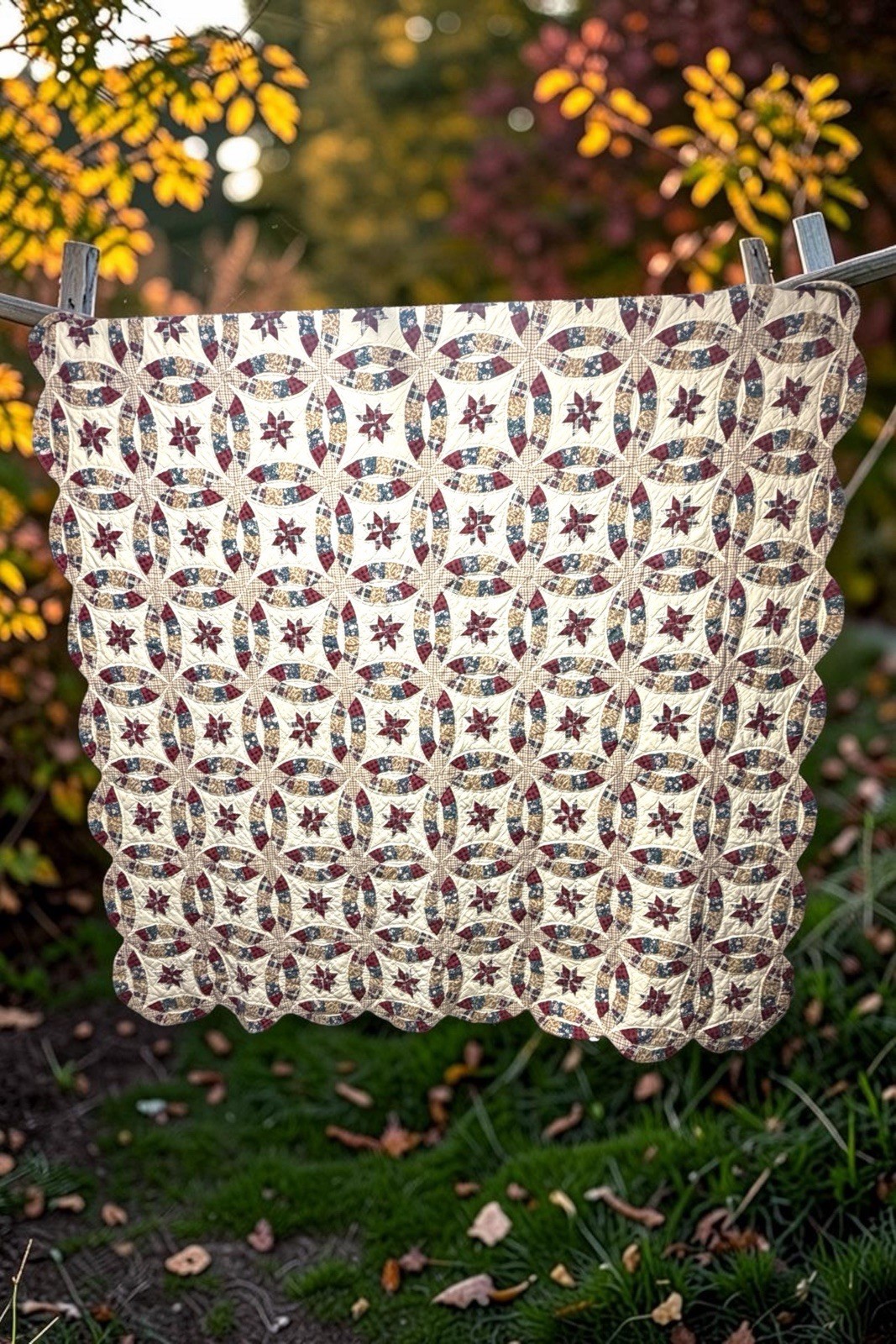 Vintage Hand Quilted Double Wedding Ring Quilt King Size 109 x 92 Inches