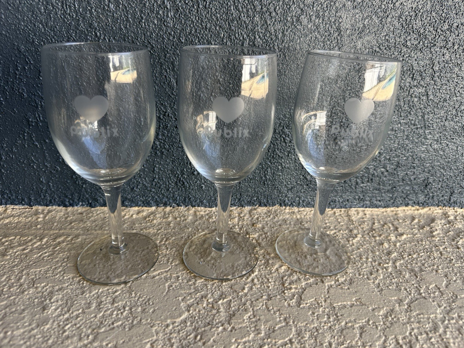 Publix Vintage Etched Heart (Love) Publix Wine Glasses Set of 3