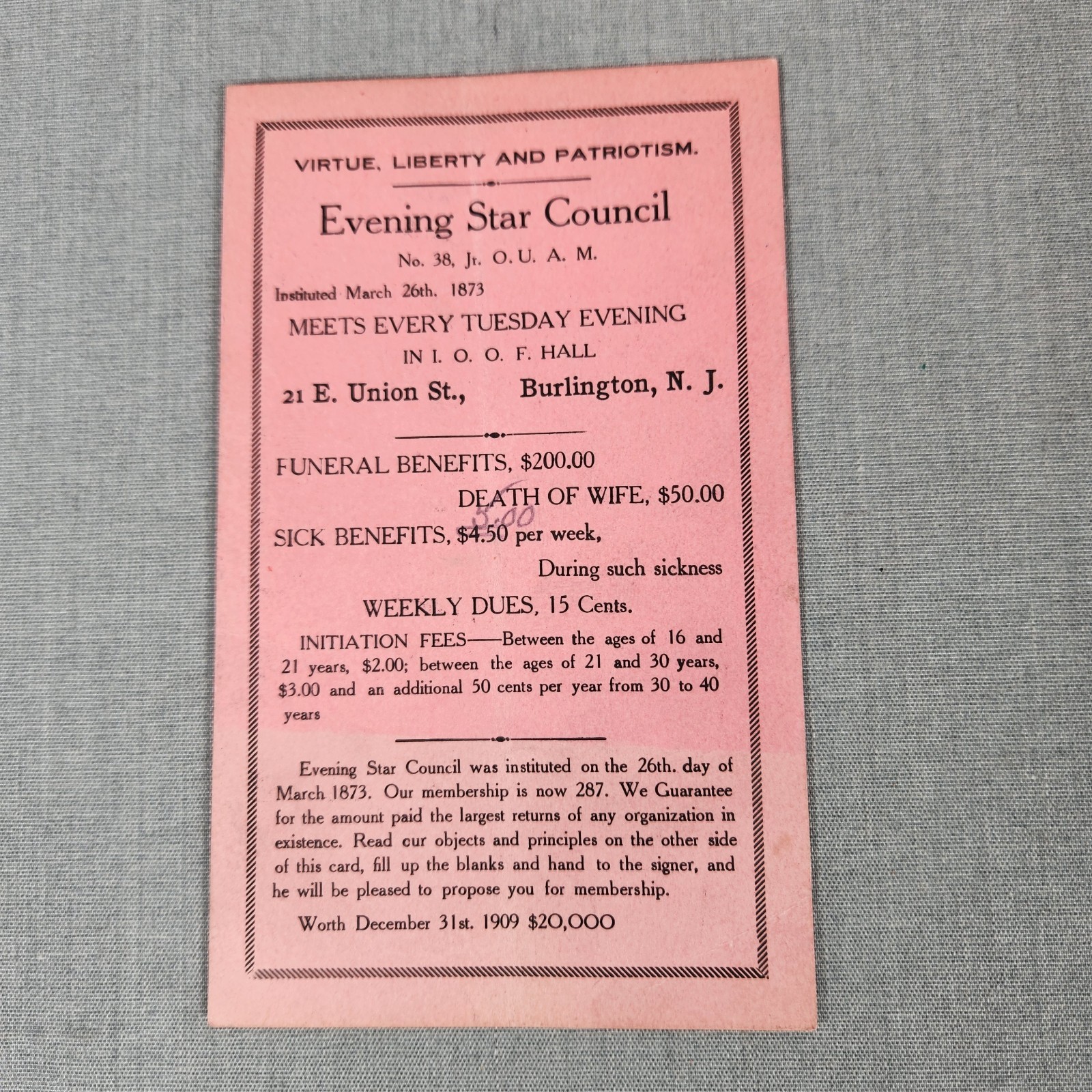Junior Order of United American Mechanics Evening Star Council NJ 1909 Card