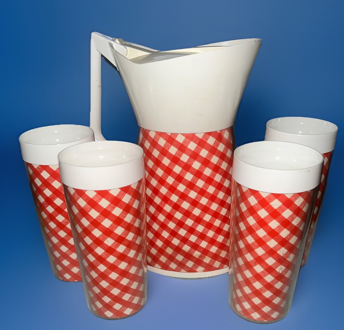 Vtg. Red White Gingham Therma Serv Carafe/Coffee Pot w/4 Matching Cups Retro VGC