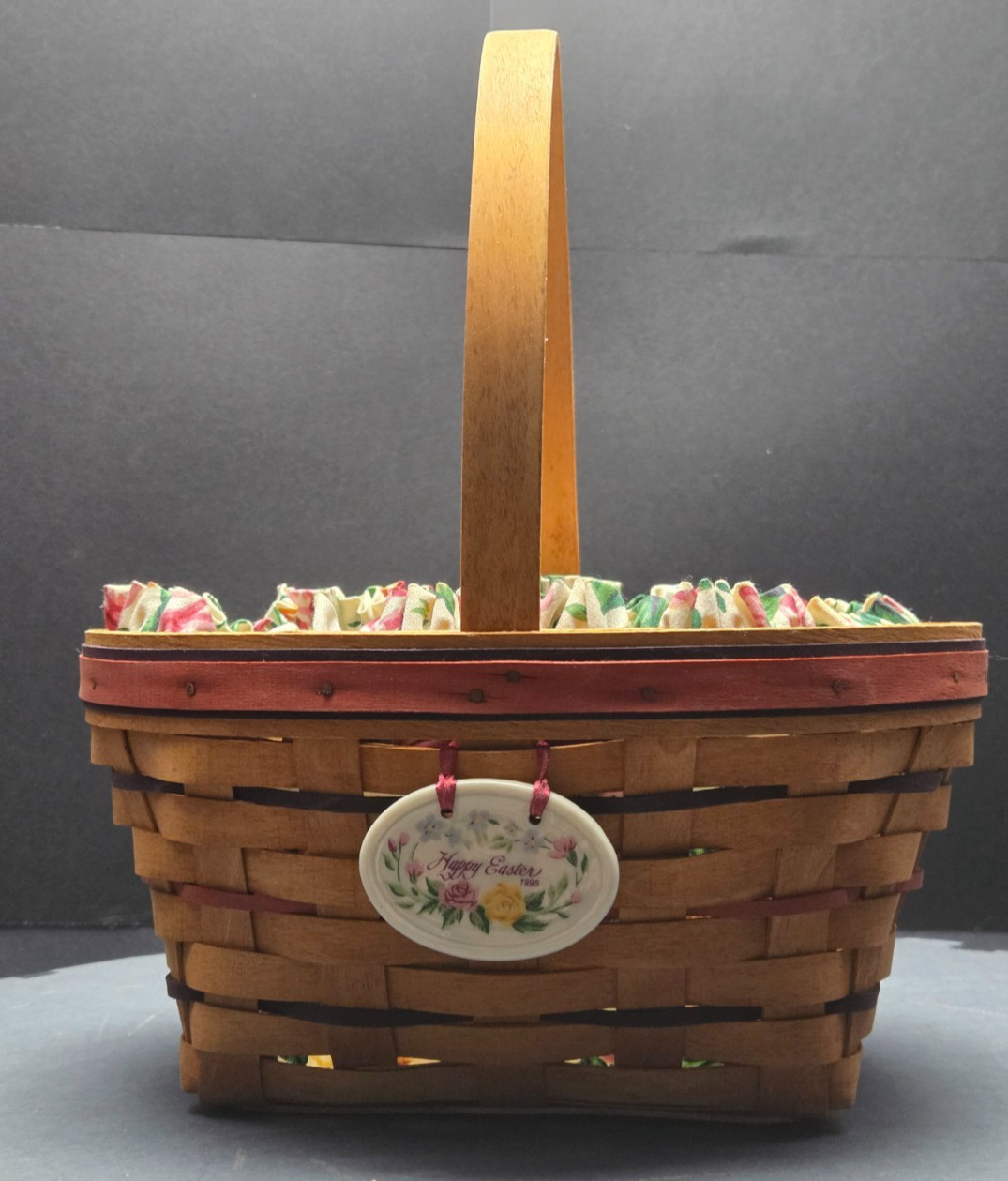 Longaberger Basket w/Happy Easter Tag Floral Liner Protector Tie-On Handwoven