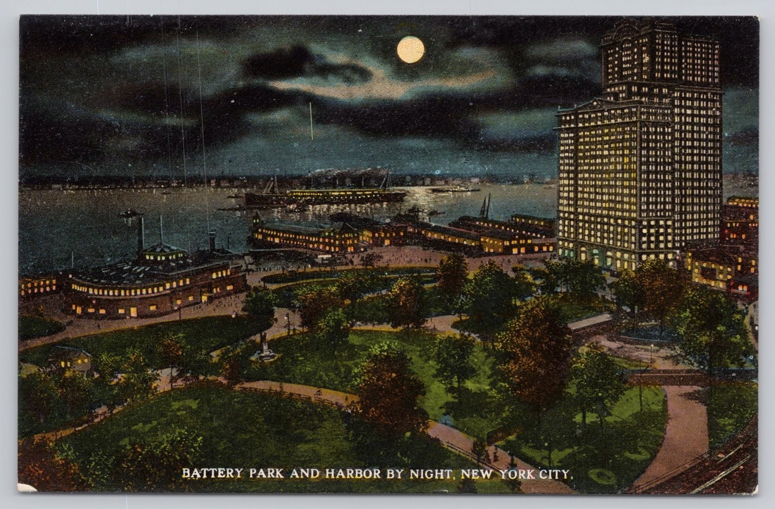 Battery Park & Harbor By Night NYC c1910s Whitehall Building Postcard