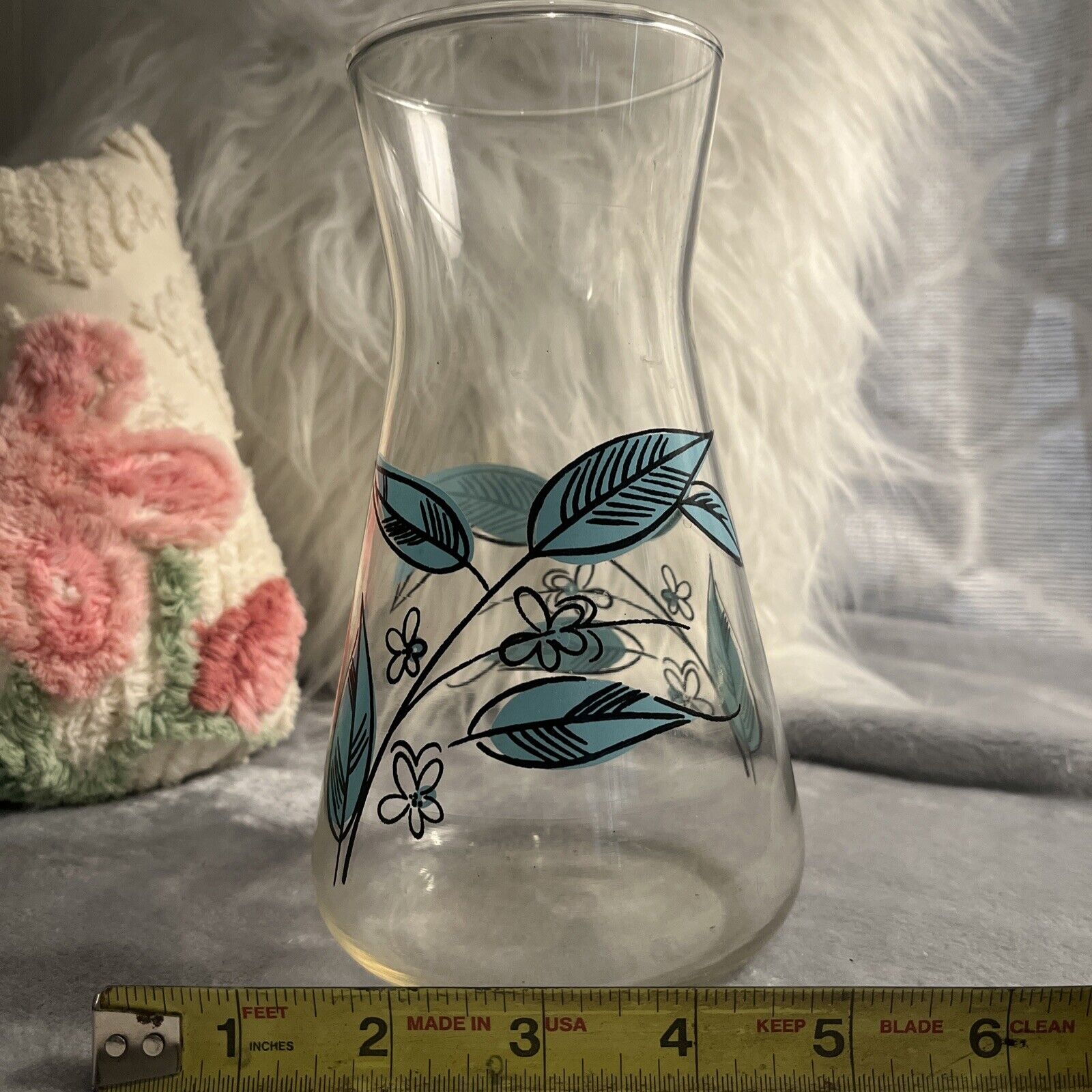 Vintage Carafe MCM clear glass turquoise embellishments