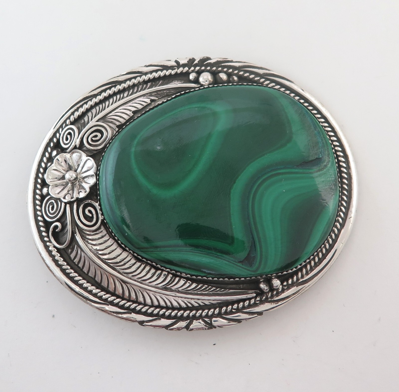 BIG XL Navajo Sterling Silver & Incredible Malachite Slab Western Belt Buckle