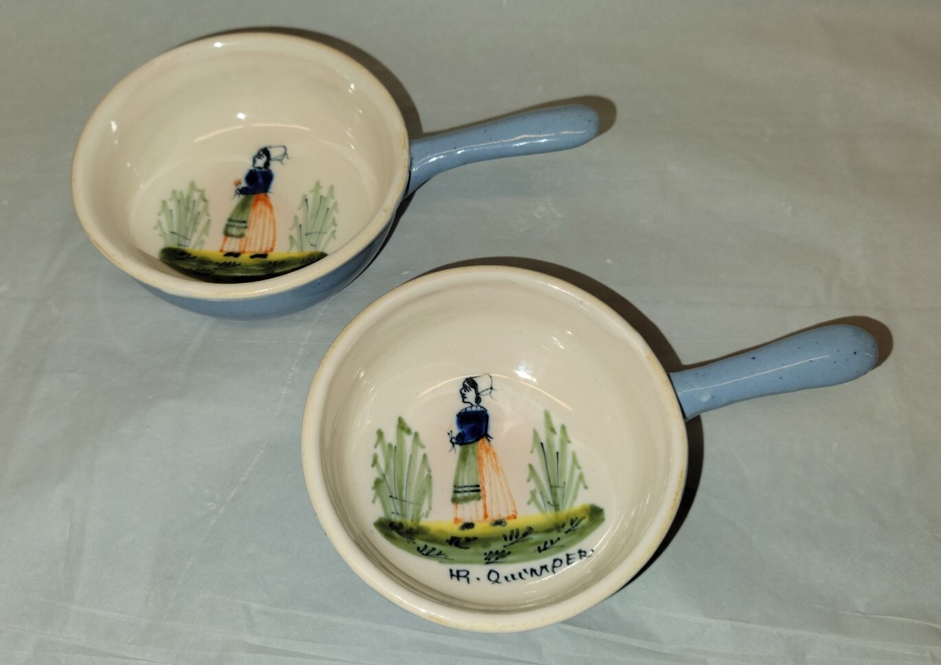 Henriot Quimper lady bowls  Handled Sauce Bowl pair  france pottery #4202