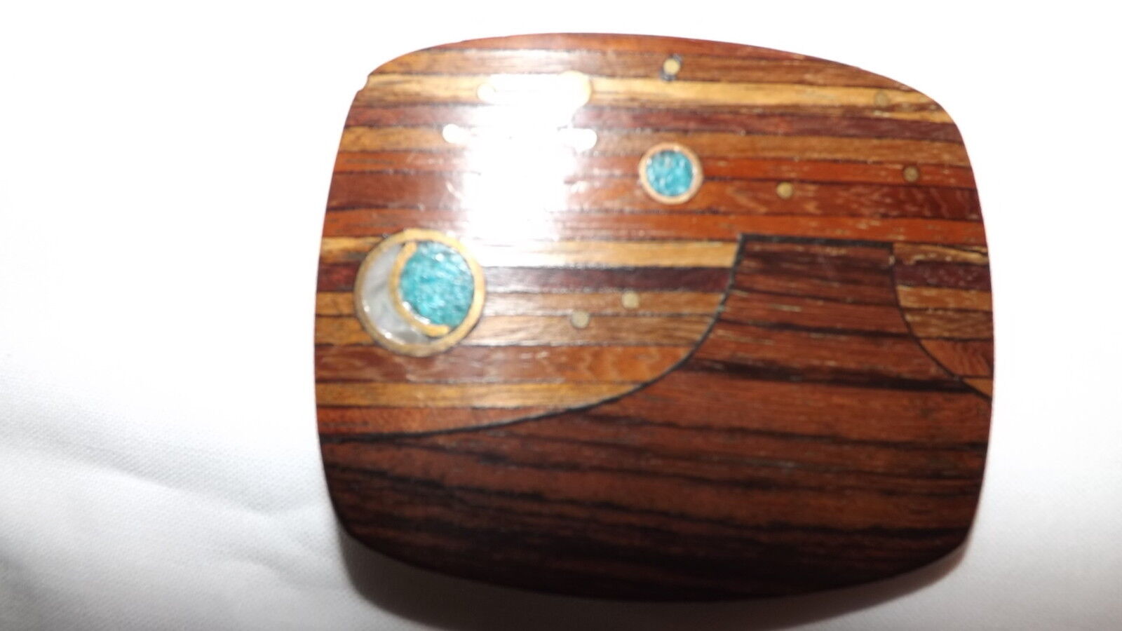 Vintage Hardwood Turquoise Brass Mother of Pearl Inlaid Buckle