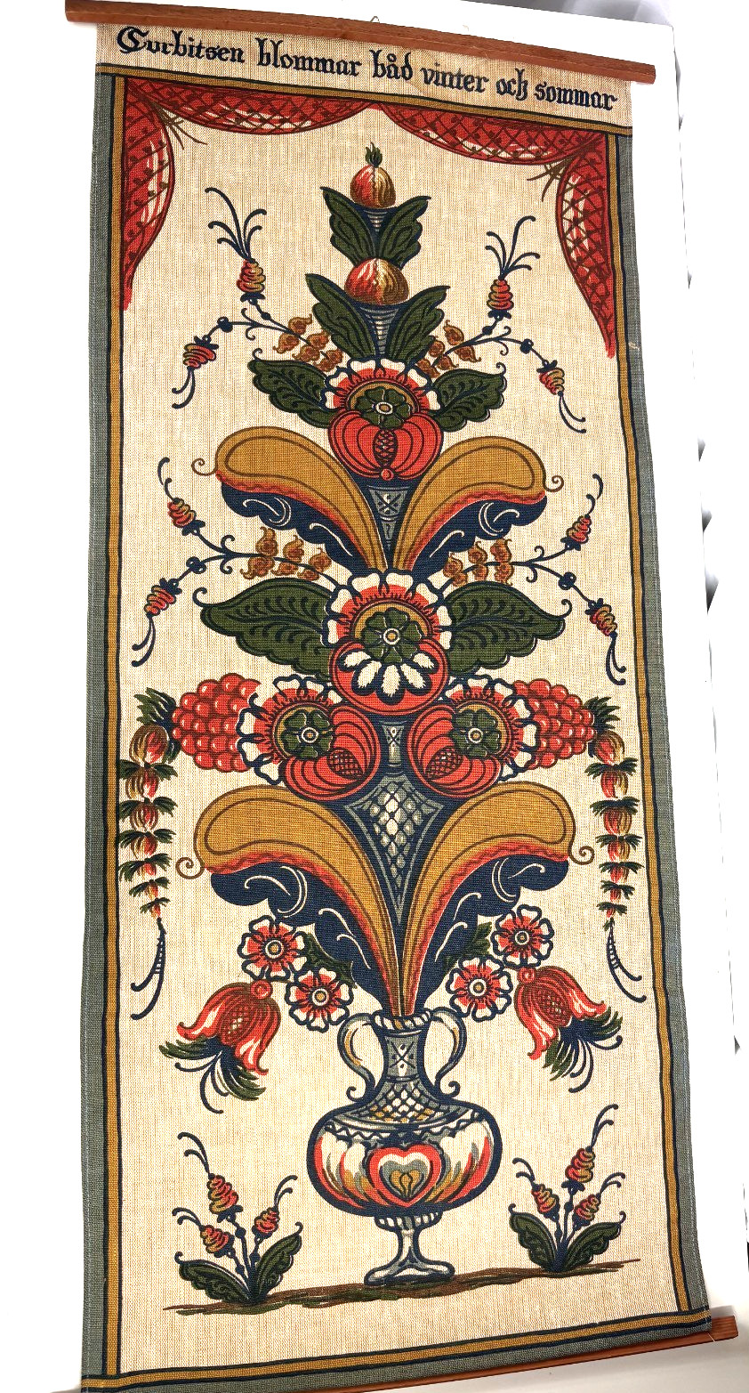 Vintage Swedish 1960\'s folk art linen wall hanging 17 x 37\