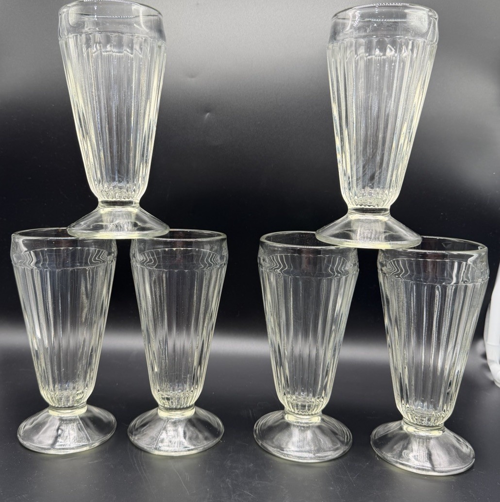 Vtg Ribbed Milk Shake Sundae Glasses Ice Cream Float Soda Fountain Heavy Set 6