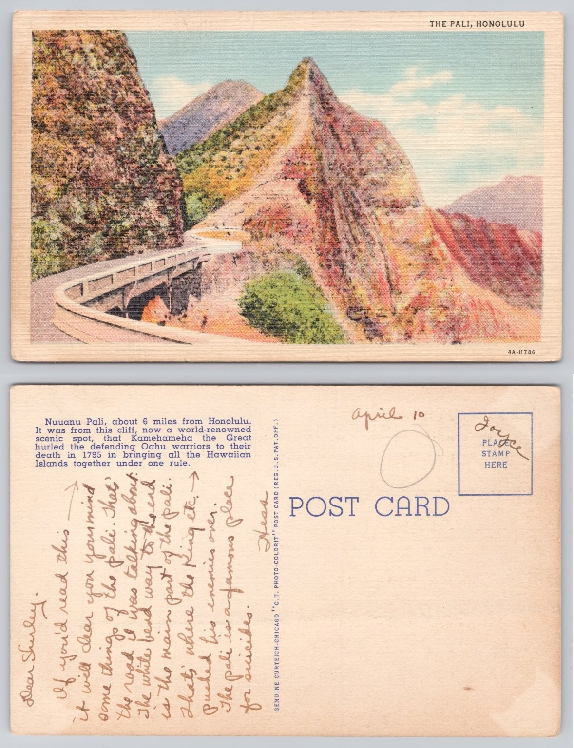 Nuuanu Pali Honolulu Hawaii Vintage Linen Postcard Kamehameha Battle