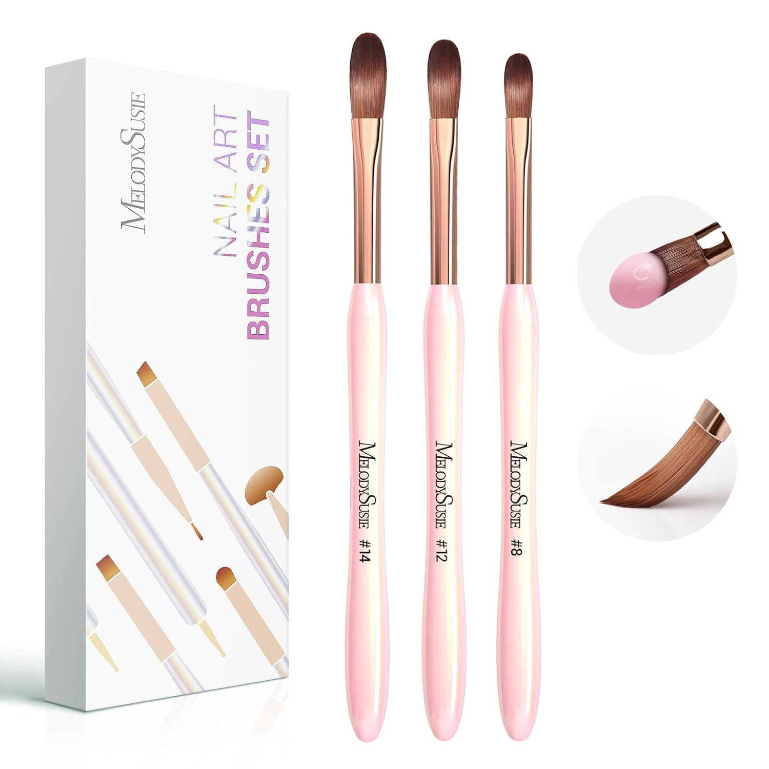 3pcs Professional Acrylic Nail Brush Set, Size 8/12/14 for Powder Application