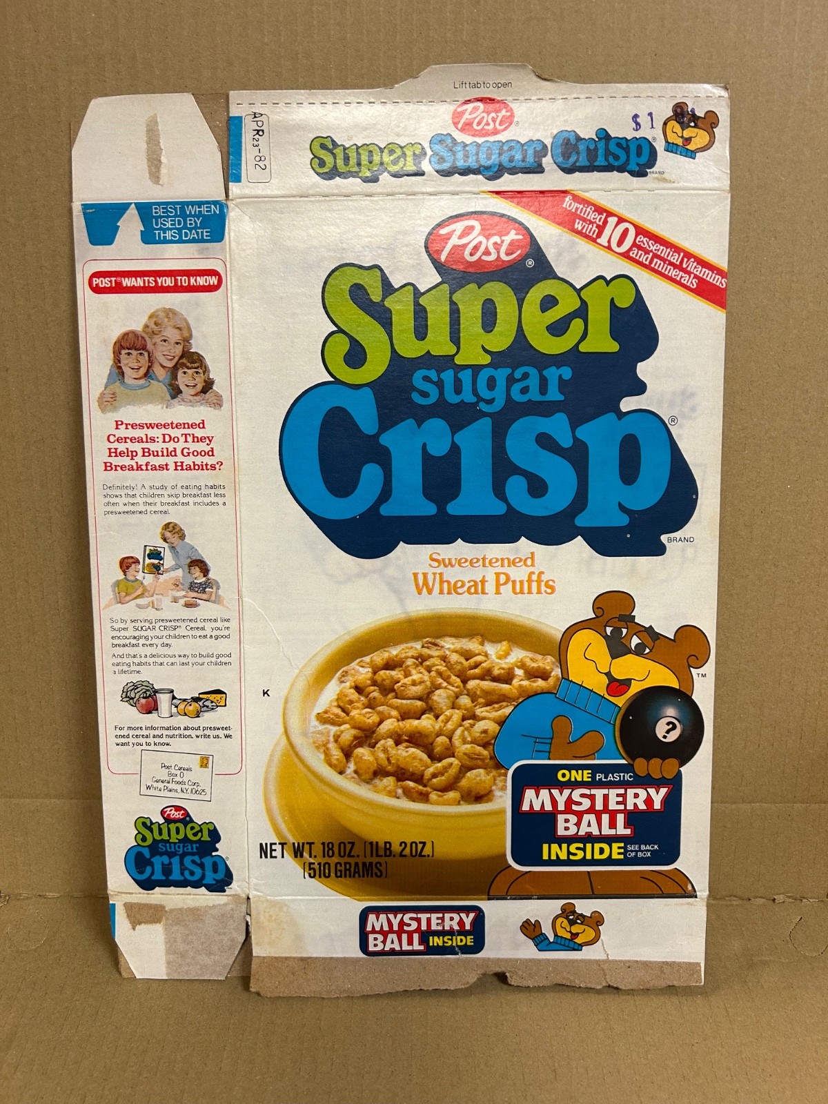 Post Super Sugar Crisp Cereal Box 1981 One Plastic Mystery Ball Offer