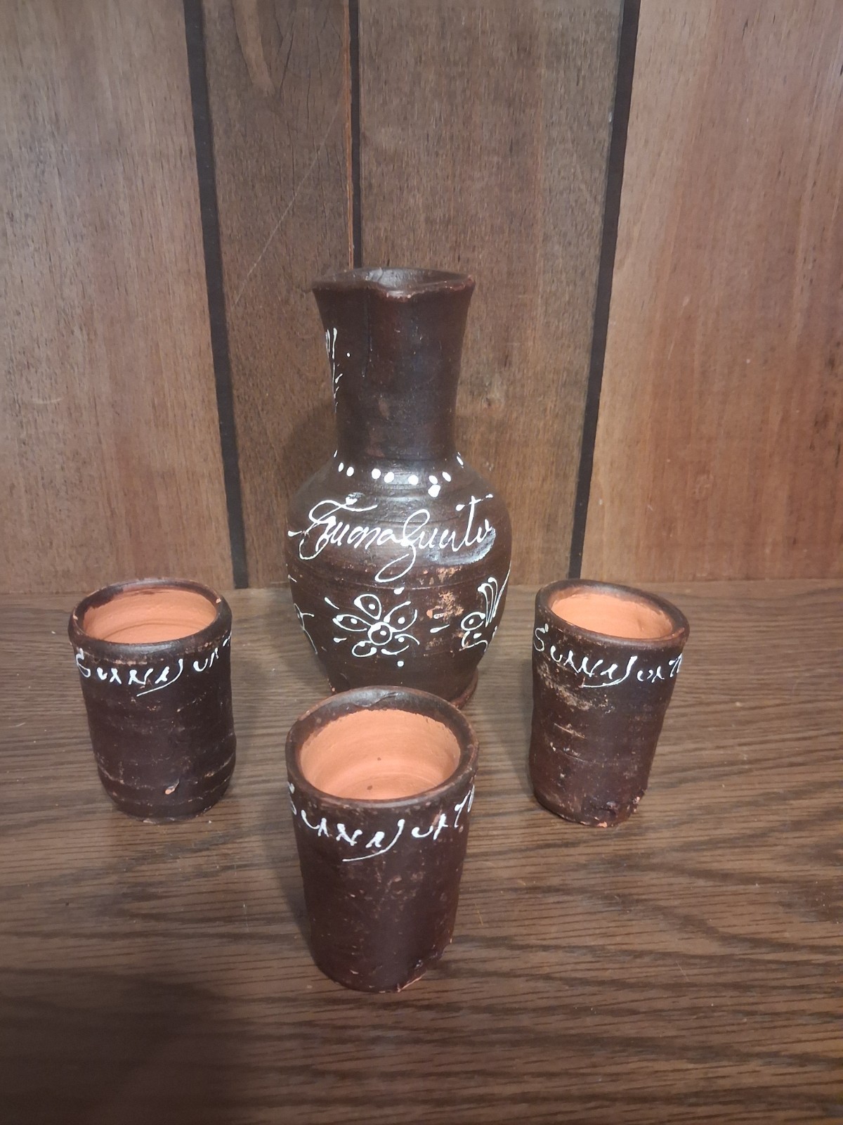 Vintage Mexican Folk Art Terracotta Clay Jarrito Jug & 3 Shot Cups Guanajuato Vintage Mexican Folk Art Terracotta Clay Jarrito Jug & 3 Shot Cups Guanajuato