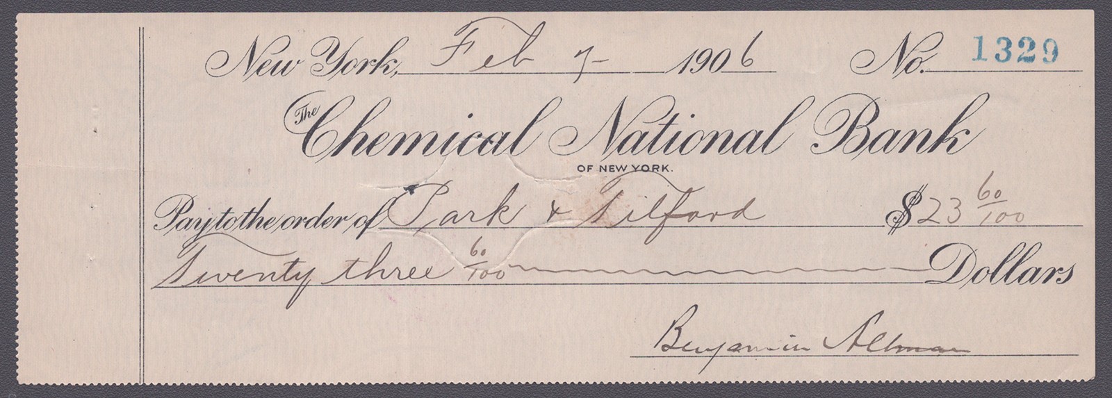 BENJAMIN ALTMAN - AUTOGRAPHED SIGNED CHECK