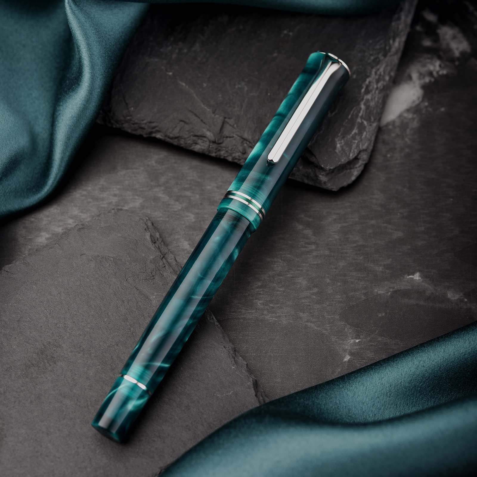 HONG DIAN N2 Fountain Pen, Iridium Fine Nib Teal Blue Acrylic Design, Smooth ...