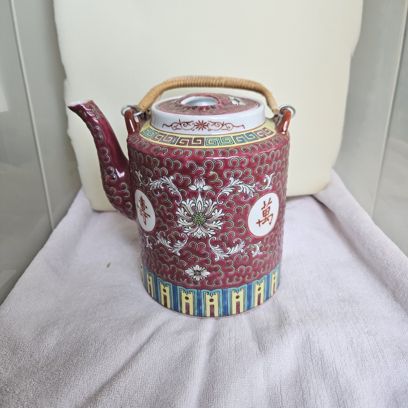 Vintage Chinese Famille Rose Porcelain Teapot Pink Floral Rattan Handle