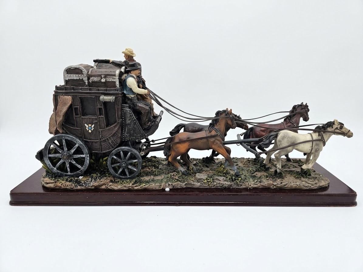 VTG Wells Fargo Overland Stagecoach Figurine Sculpture w 4 Horses 17” Wood Base