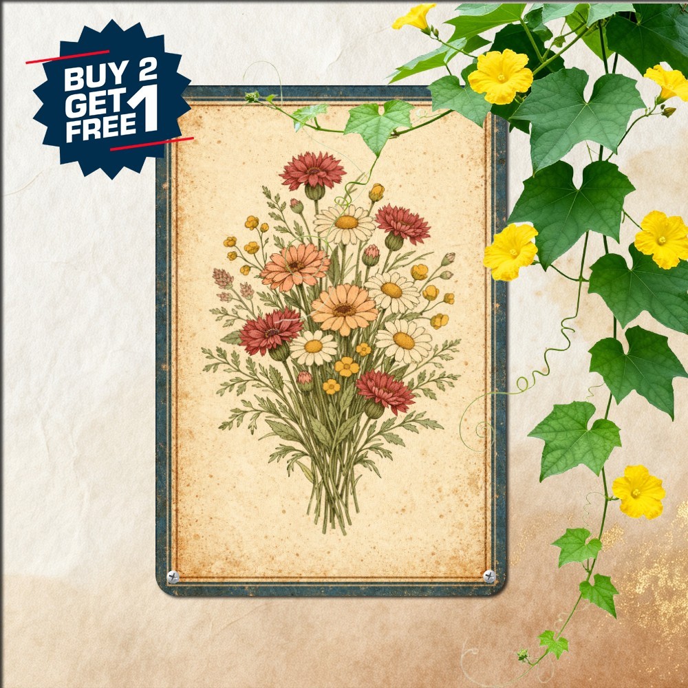 Mixed Wildflower Daisy Cosmos Bouquet Poster Vintage Floral Metal Tin Sign