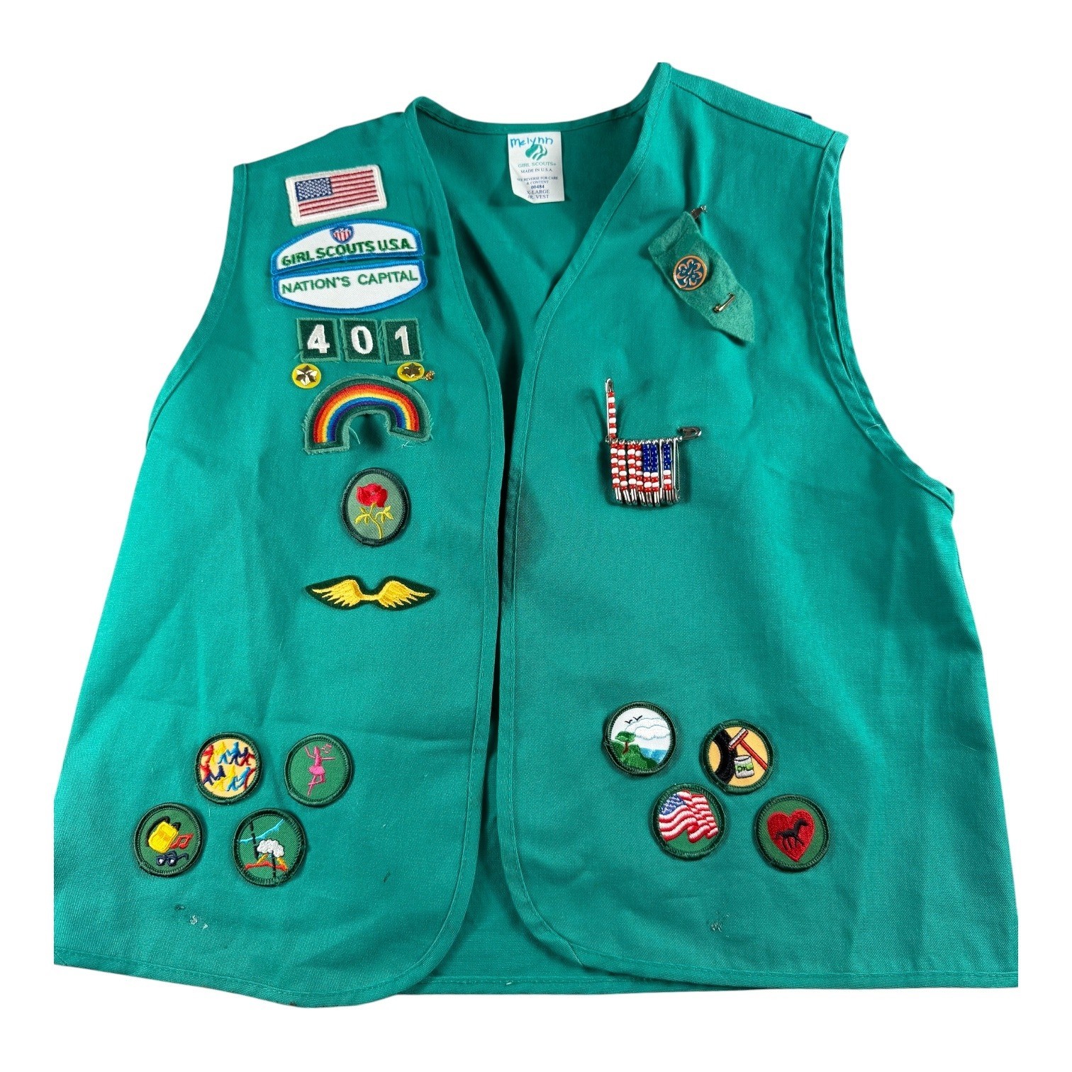 Vintage Girl Scouts USA Junior Vest Green Patches Nation\'s Capital Troop 401