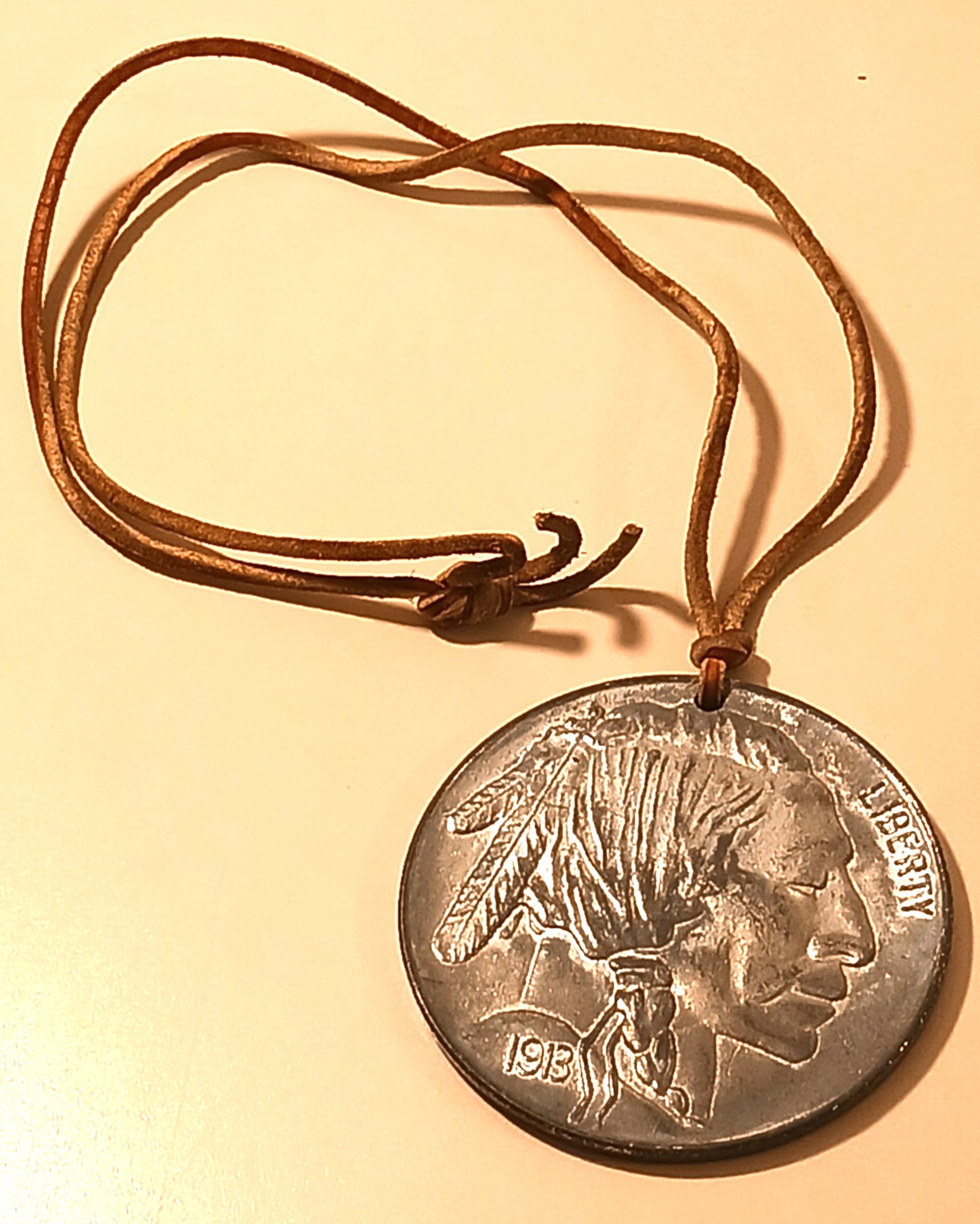 Vintage 1913 Buffalo Nickel Indian Head Coin Pendant on Leather Cord Necklace 3\