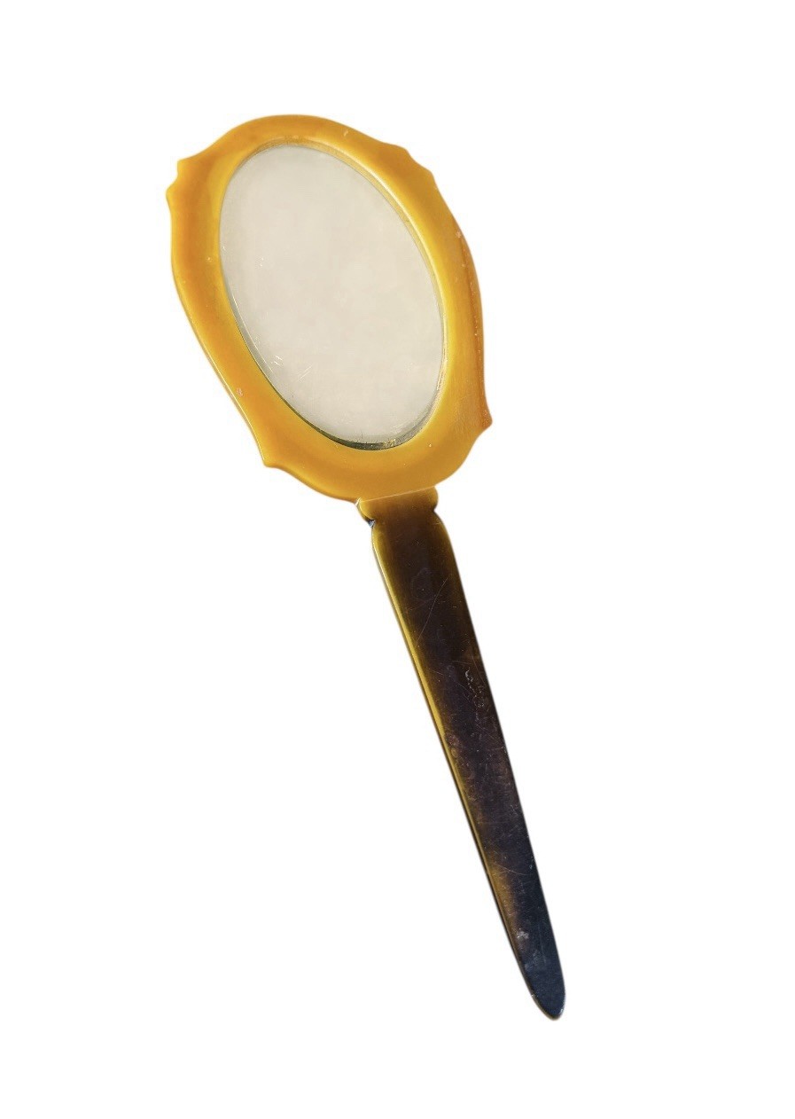 Vintage Antique Butterscotch Bakelite(?) Beveled Hand Mirror Art Deco Design