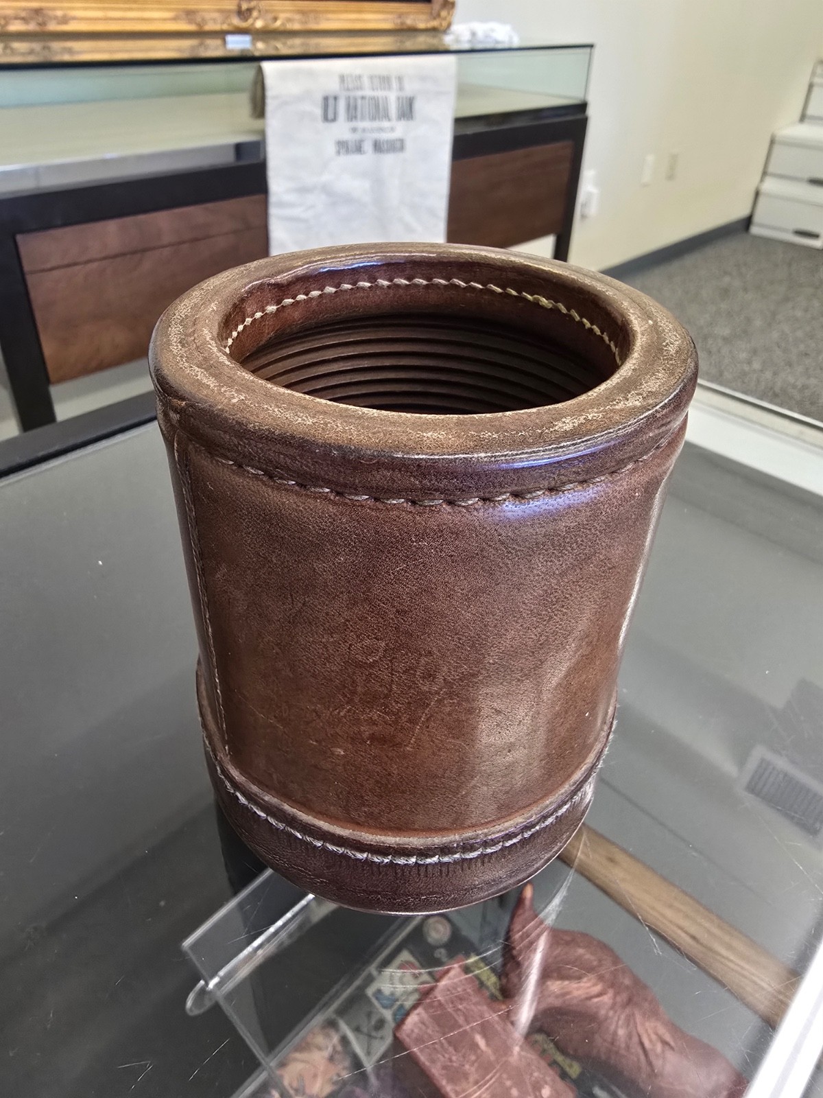 Nice Vintage Leather Ribbed Round Dice Cup with vintage dice