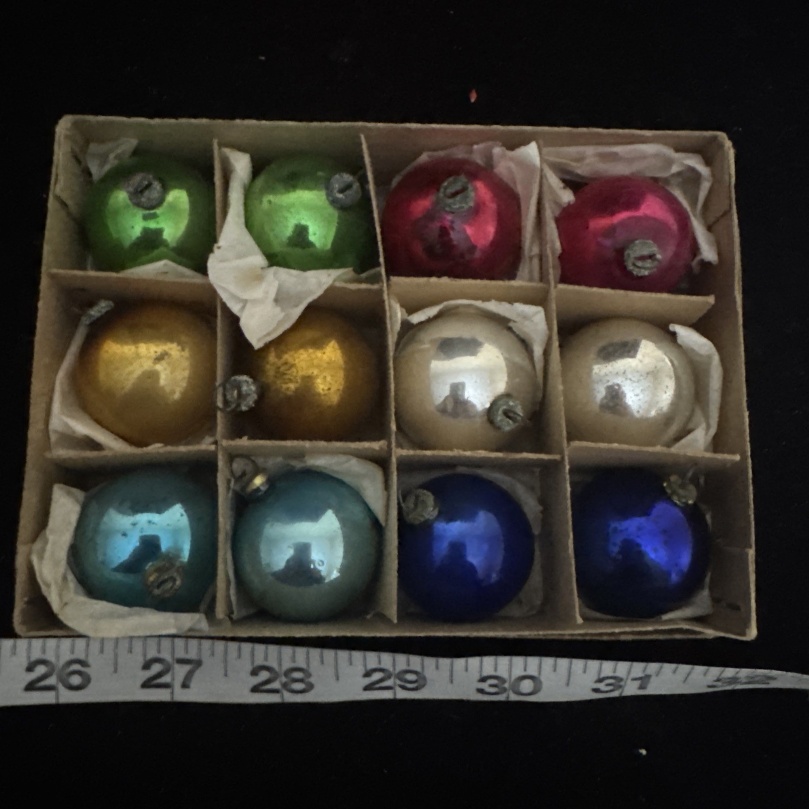 Vintg Box of 12 Japanese small Christmas Ornaments Hand Blown glass.