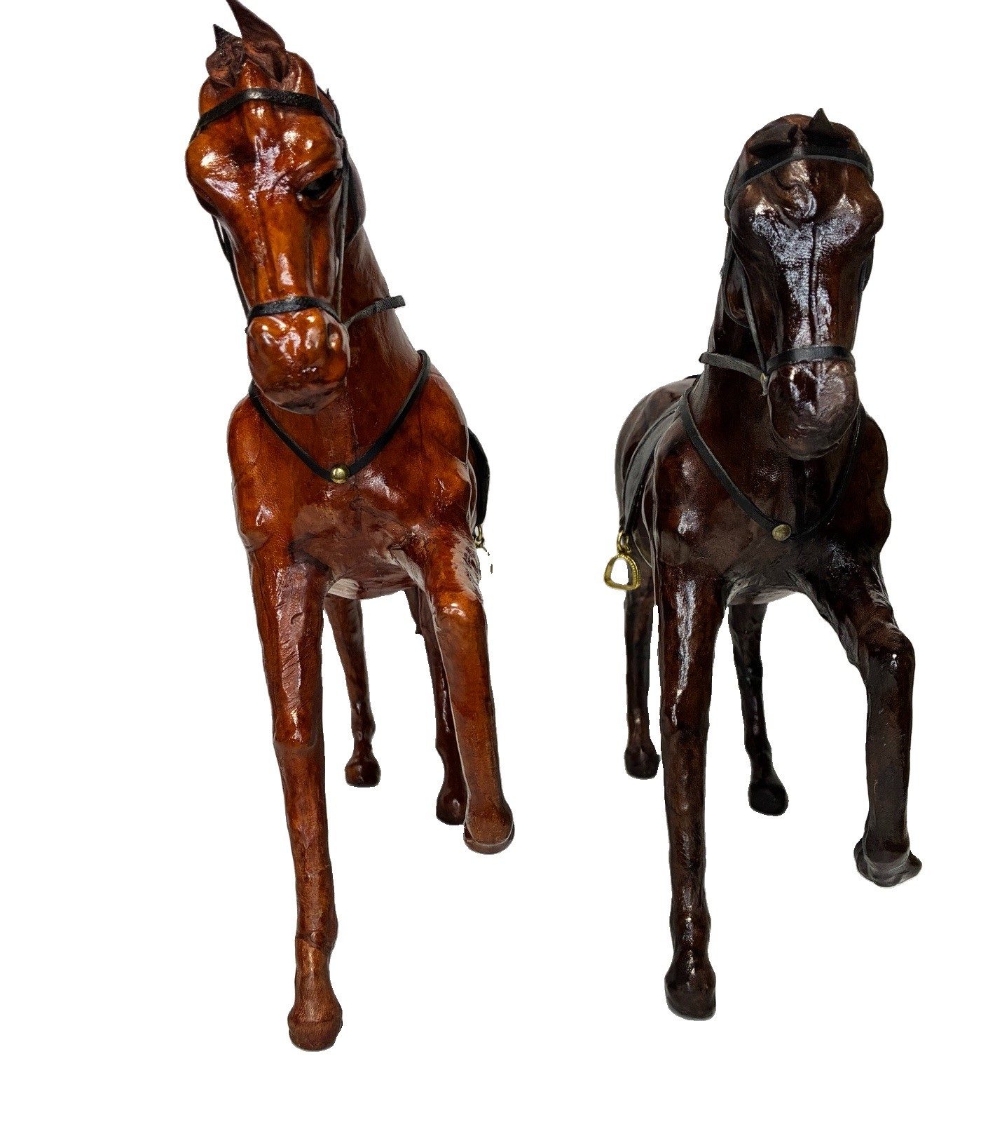 Vintage Leather Horse Figurine Pair Handcrafted Set Of Two 12 Inches