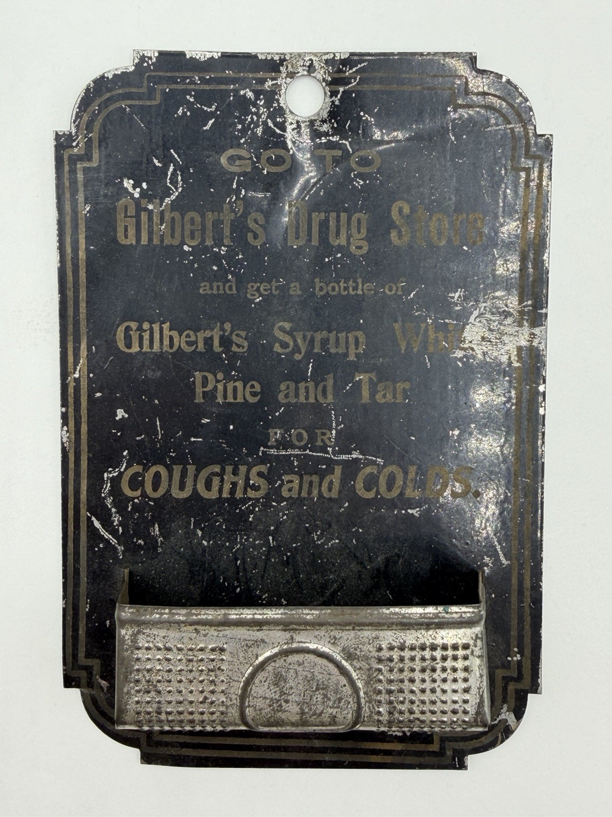 Antique Gilbert’s Drug Store Pine & Tar Cough Syrup Display Sign Tin Litho